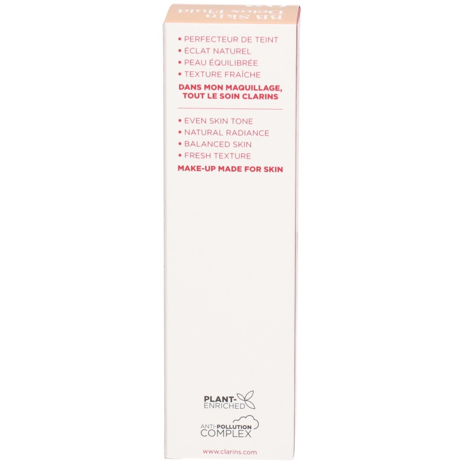 Verpackungsseite mit Produktmerkmalen wie 'Perfekte Teint', 'Natürlicher Glanz', 'Ausgeglichene Haut' und 'Anti-Pollution Complex'.