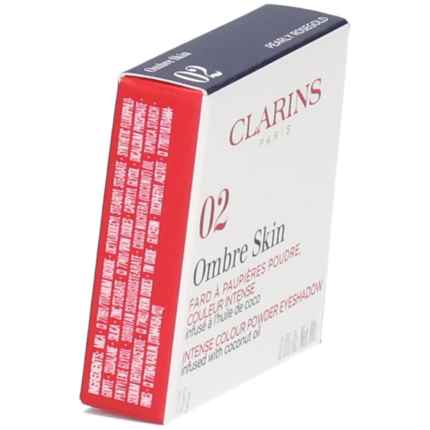 Clarins Ombre Skin Lidschatten 02 Pearly Rosegold Faltschachtel, Seitenansicht mit Inhaltsstoffen.