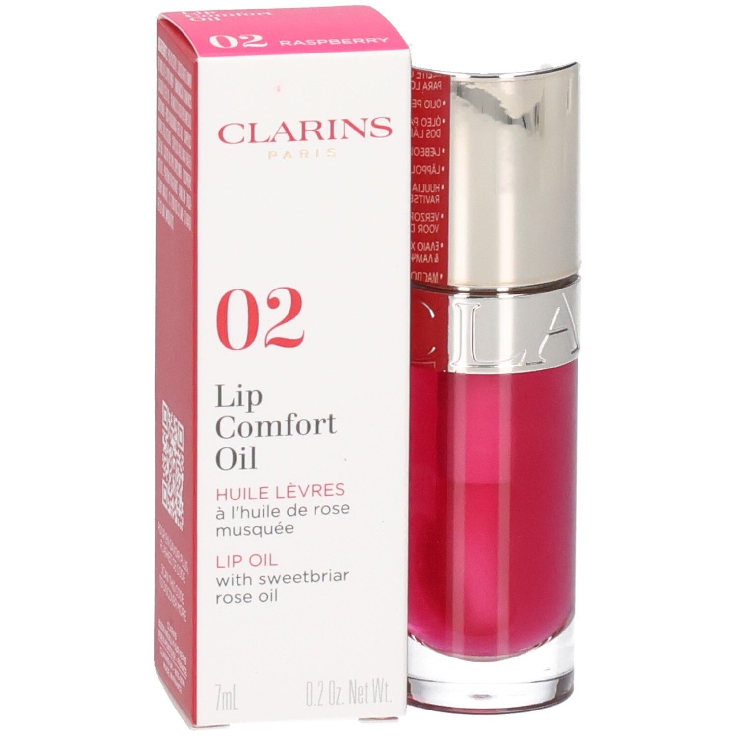 Clarins Lip Comfort Oil 02 Raspberry: Lippenöl in Flasche mit Umverpackung. 7ml.