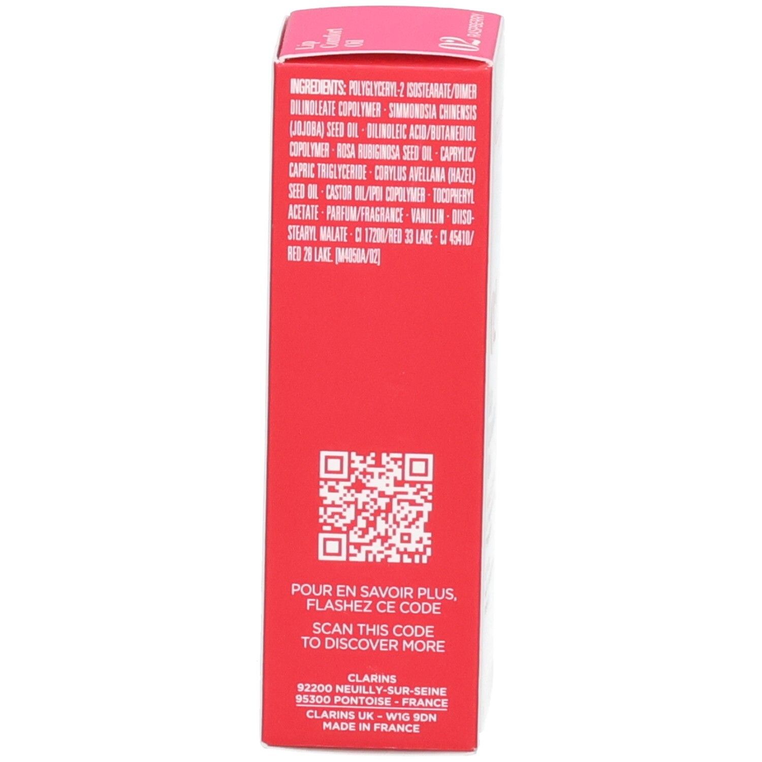 Clarins Lip Comfort Oil 02 Raspberry: Rückseite der Umverpackung mit Inhaltsstoffen und QR-Code.