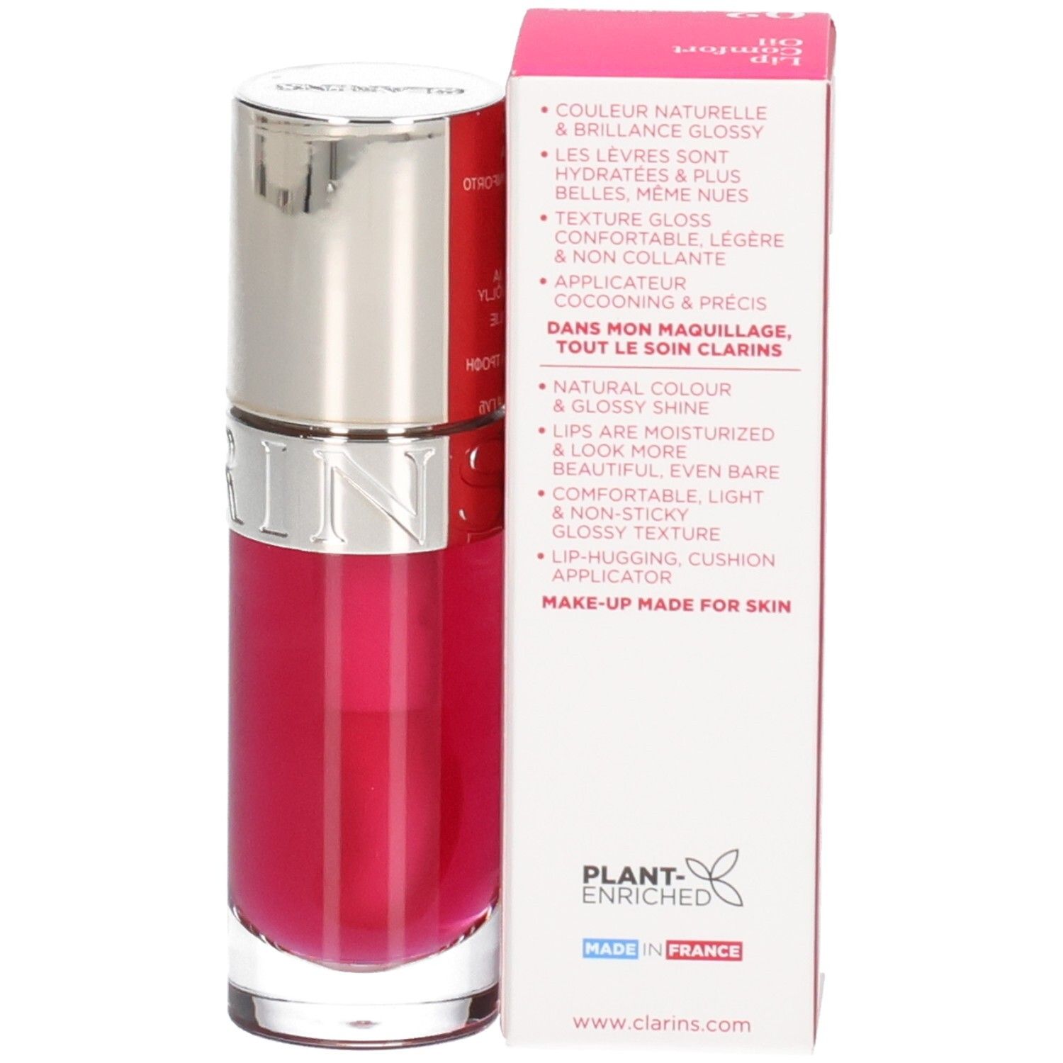 Clarins Lip Comfort Oil 02 Raspberry: Lippenöl in Flasche mit Umverpackung. Glänzende Textur.