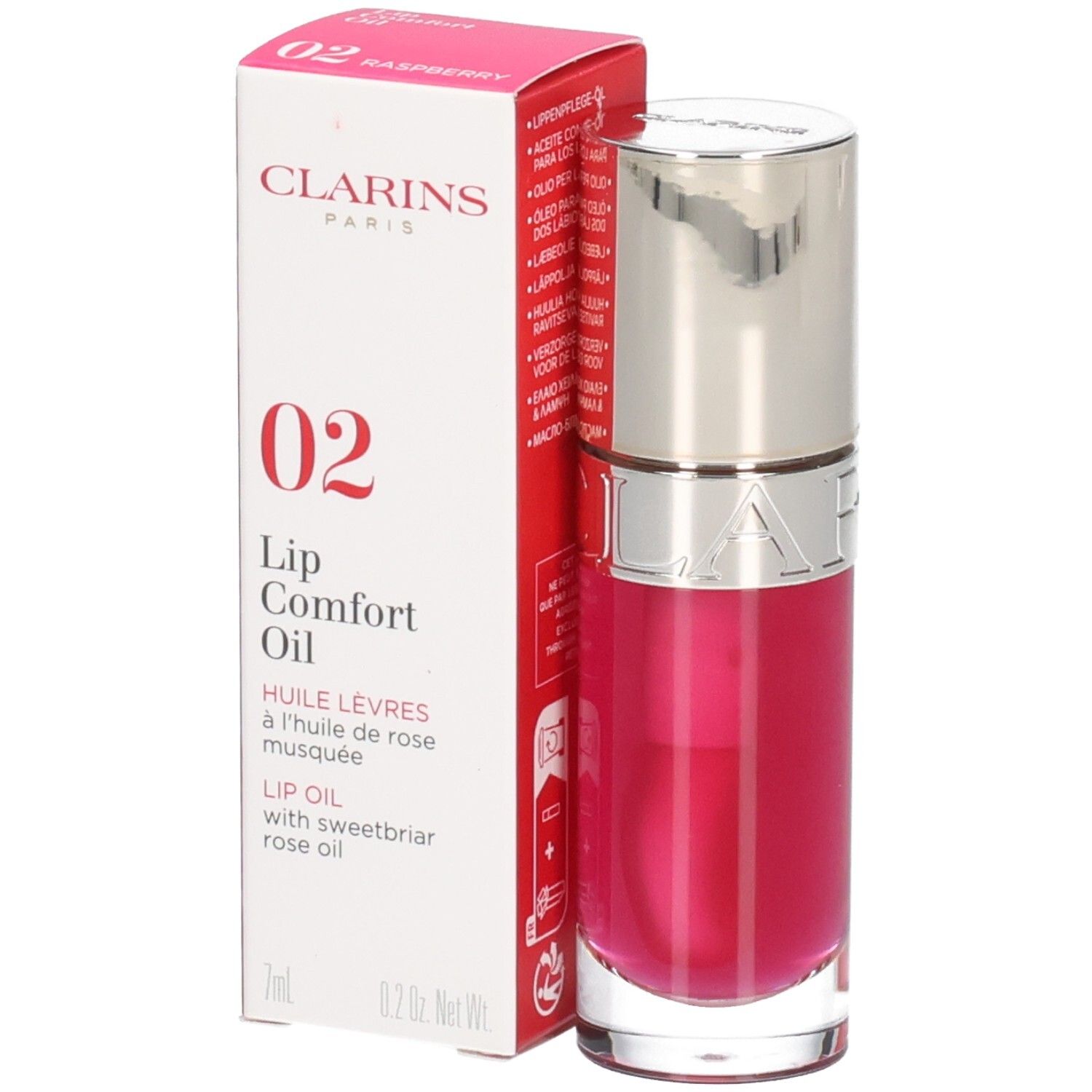 Clarins Lip Comfort Oil 02 Raspberry: Lippenöl in Flasche mit Umverpackung. 7ml.