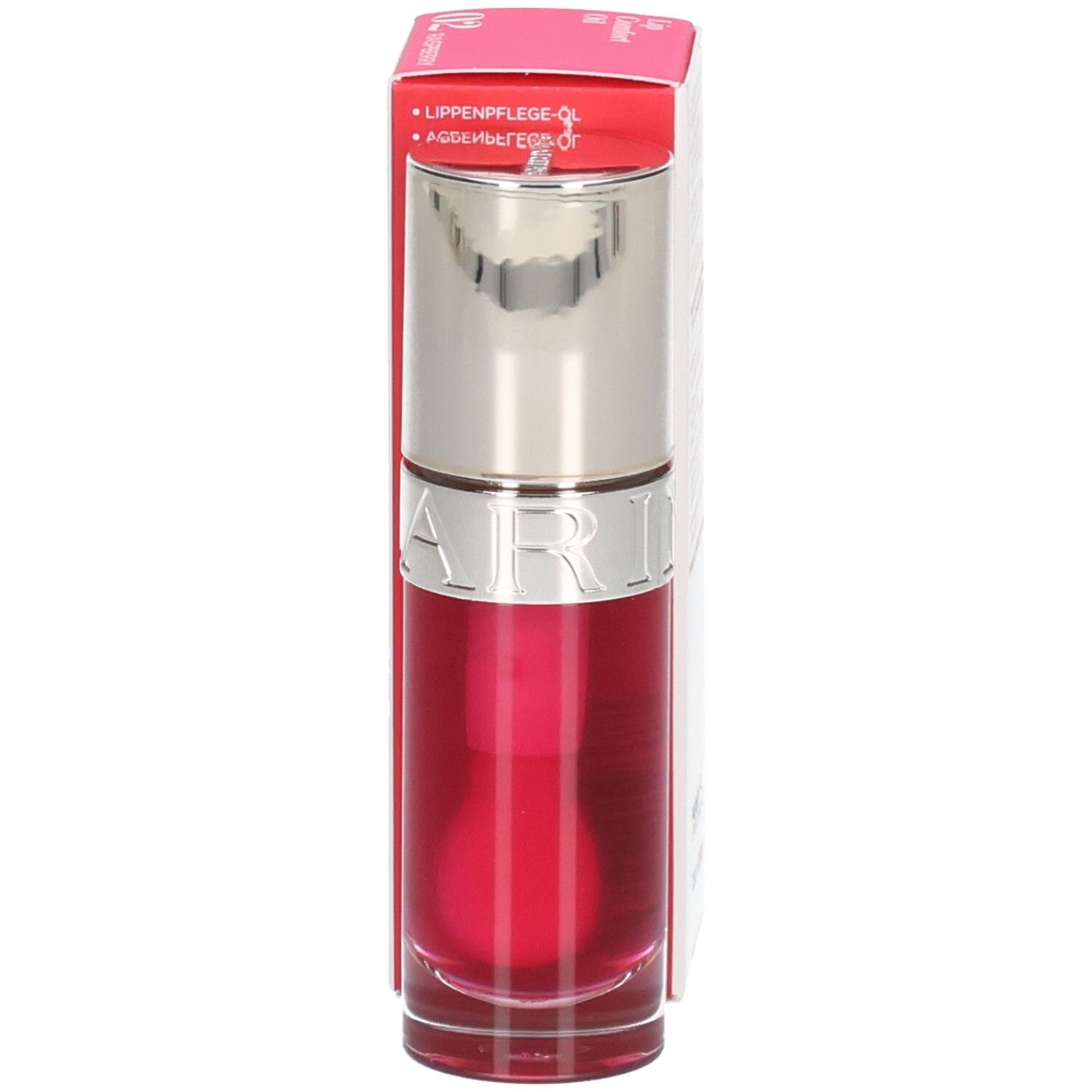 Clarins Lip Comfort Oil 02 Raspberry: Lippenöl in Flasche mit Umverpackung. Silberner Verschluss.