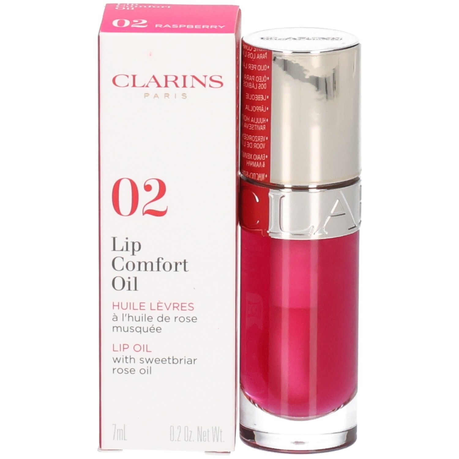 Clarins Lip Comfort Oil 02 Raspberry: Lippenöl in Flasche mit Umverpackung. 7ml.