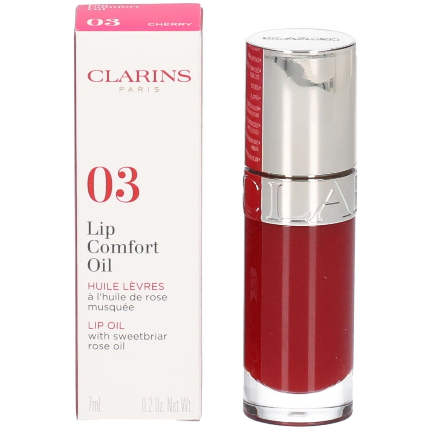 Clarins Lip Comfort Oil 03 - Cherry und seine Verpackung. Der Lippenöl-Flakon ist transparent mit silbernem Deckel.