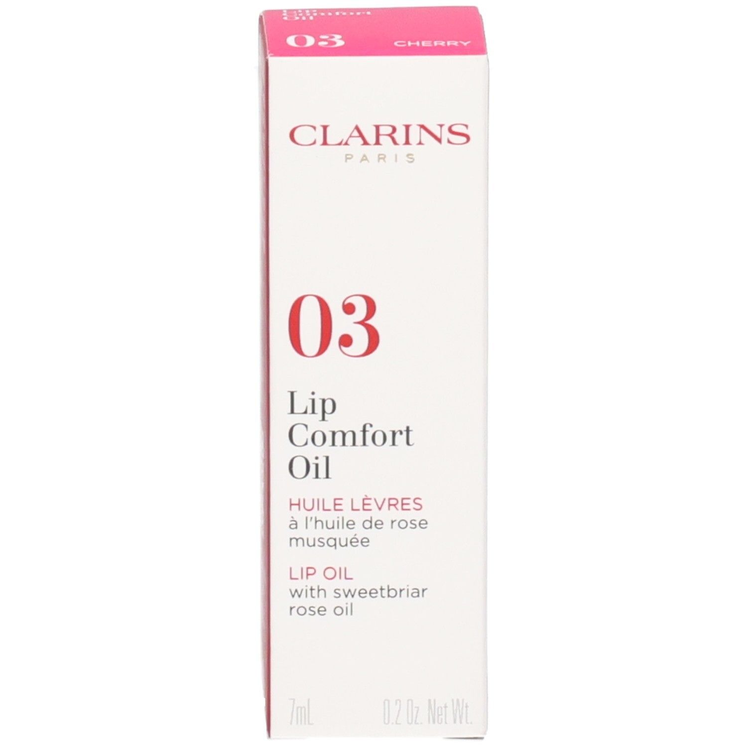 Clarins Lip Comfort Oil 03 - Cherry und seine Verpackung. Der Lippenöl-Flakon ist transparent mit silbernem Deckel.