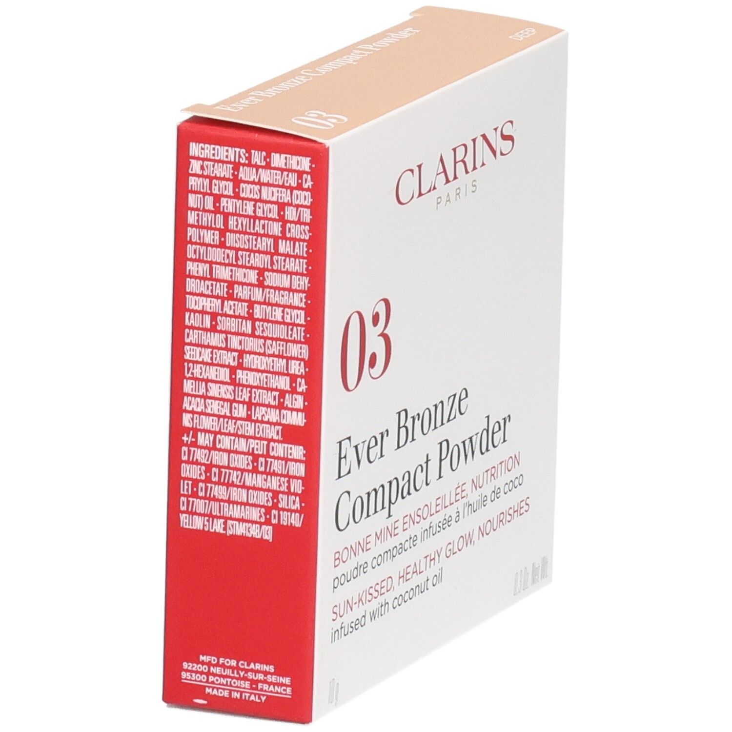 Clarins Ever Bronze Compact Powder 03 Verpackung, Seitenansicht mit Inhaltsstoffliste und Herstellungsort.