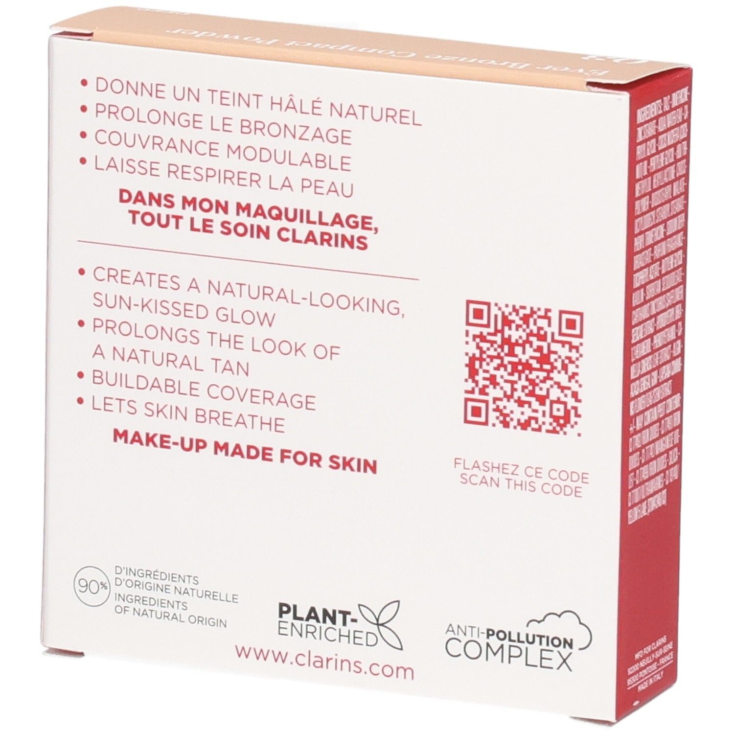 Clarins Ever Bronze Compact Powder 03 Verpackung, Rückseite mit Produktvorteilen, QR-Code und Zertifizierungen.