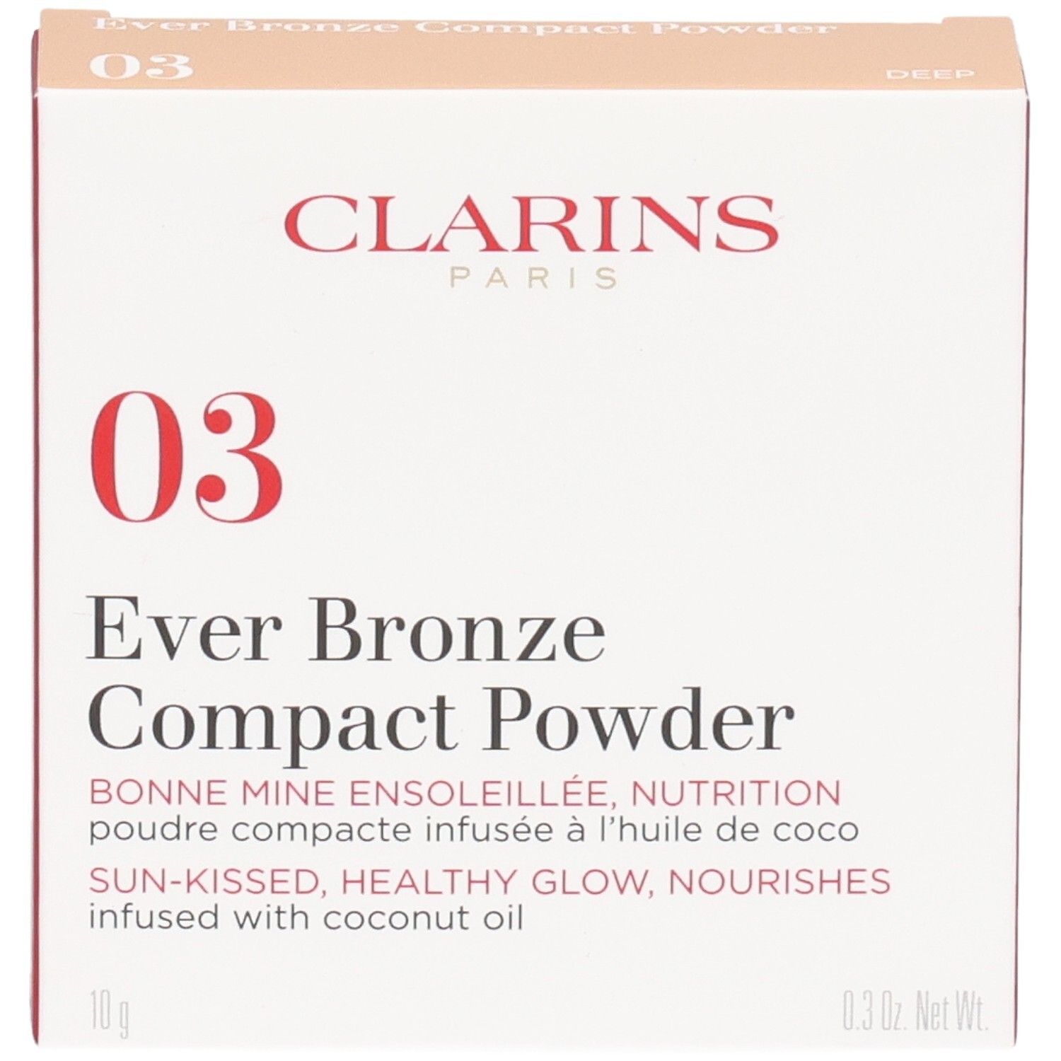 Clarins Ever Bronze Compact Powder 03 Verpackung, Vorderseite. Enthält Produktinformationen und Markenschriftzug.