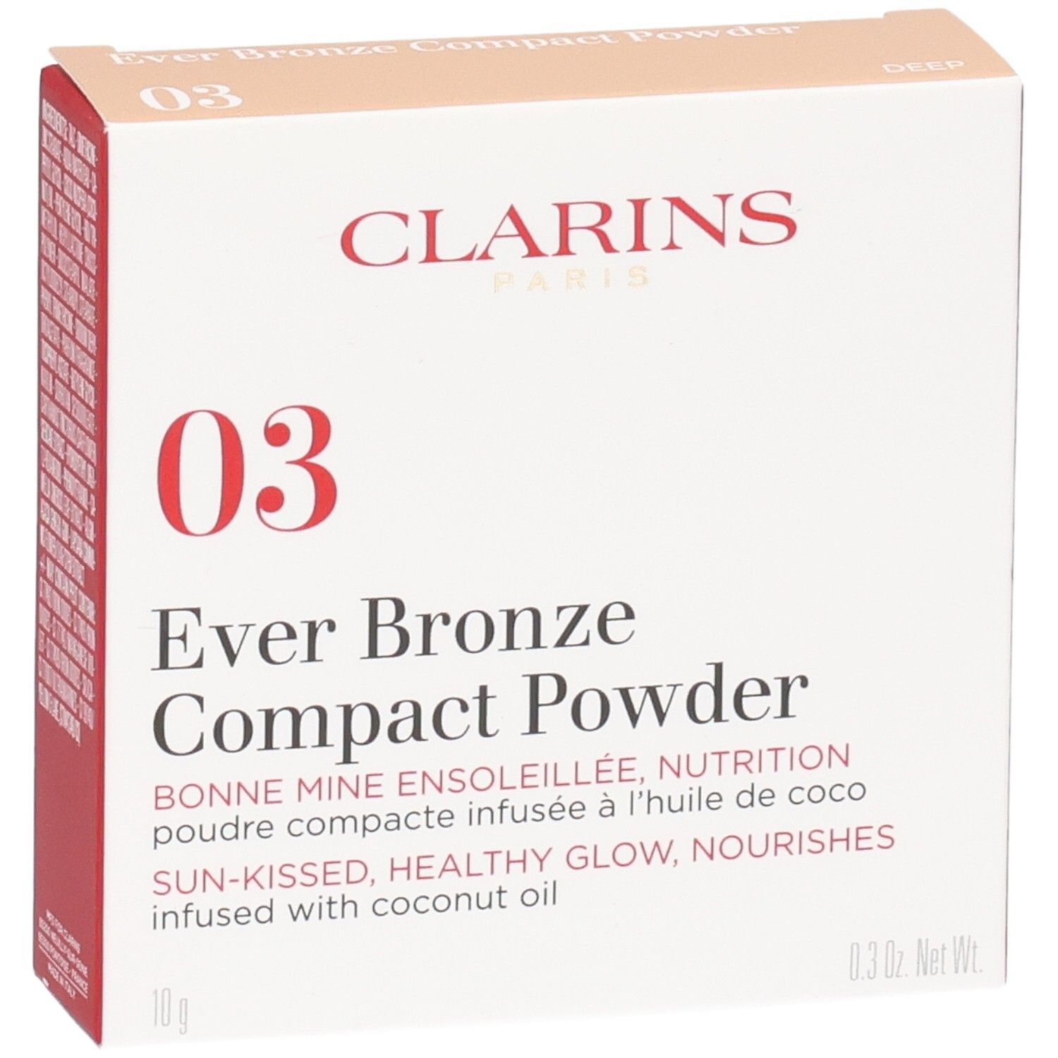 Clarins Ever Bronze Compact Powder 03 Verpackung, Vorderseite. Enthält Produktinformationen und Markenschriftzug.