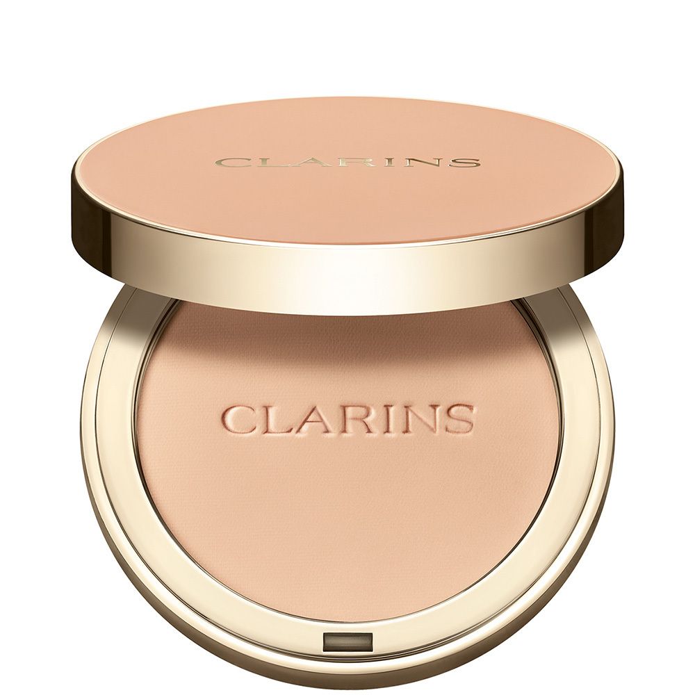 Clarins Ever Matte Compact Powder 03 Light Medium. Boîtier de poudre ouvert avec miroir et poudre.