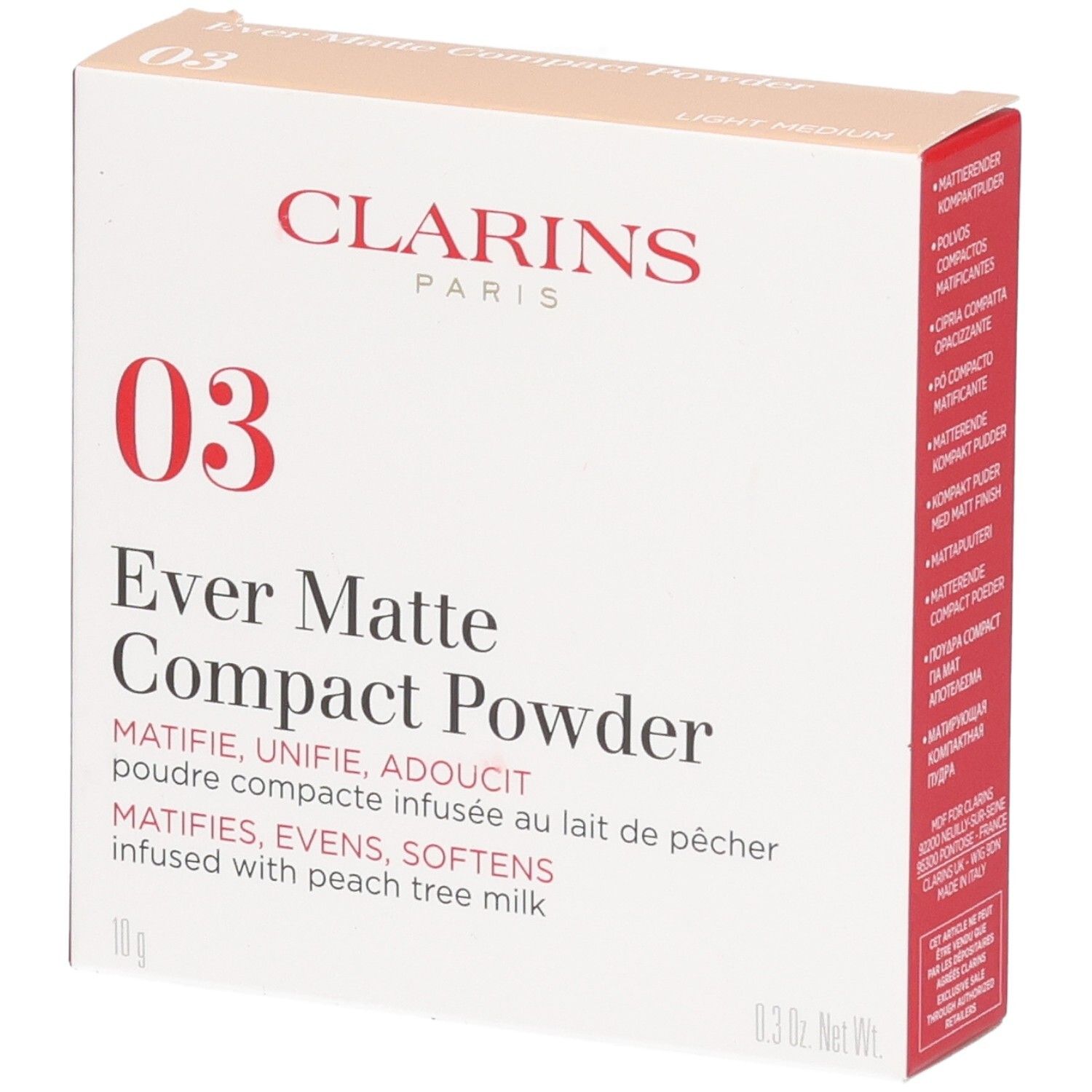 Clarins Ever Matte Compact Powder 03 Light Medium. Poudre compacte matifiante infusée au lait de pêcher.