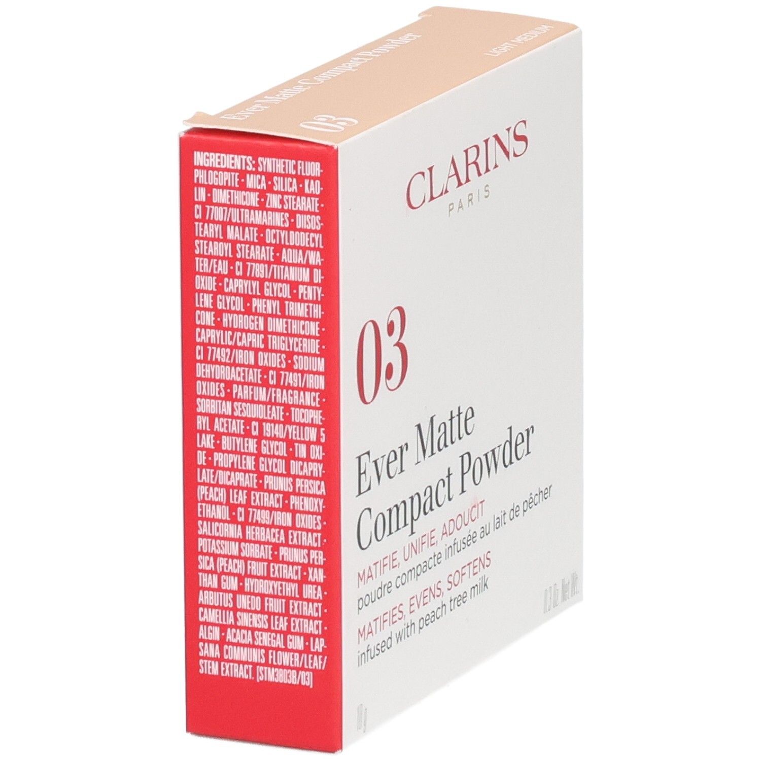 Clarins Ever Matte Compact Powder 03 Light Medium. Ingrédients listés sur le côté.