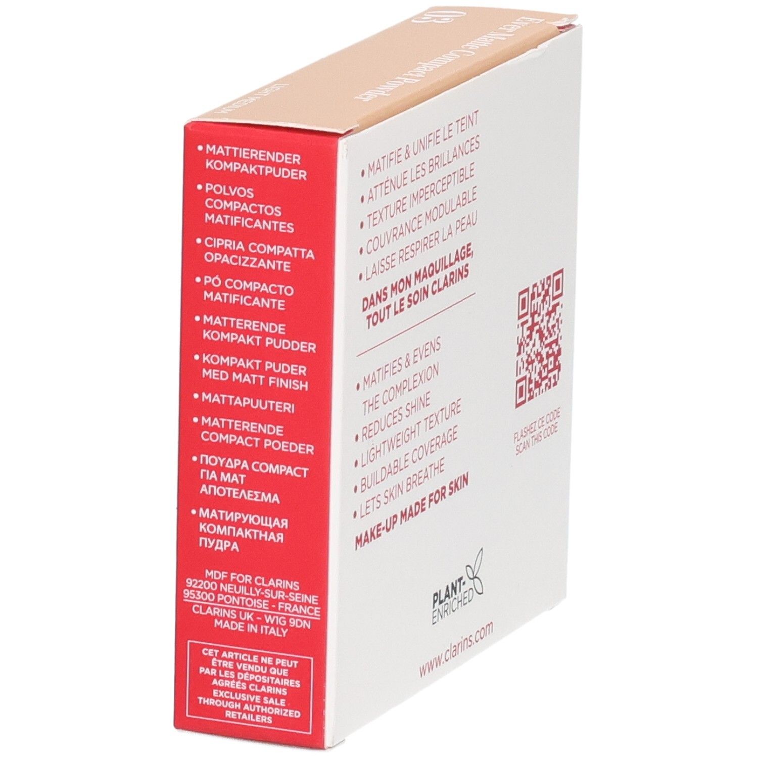 Clarins Ever Matte Compact Powder 03 Light Medium. QR code et site web au dos.