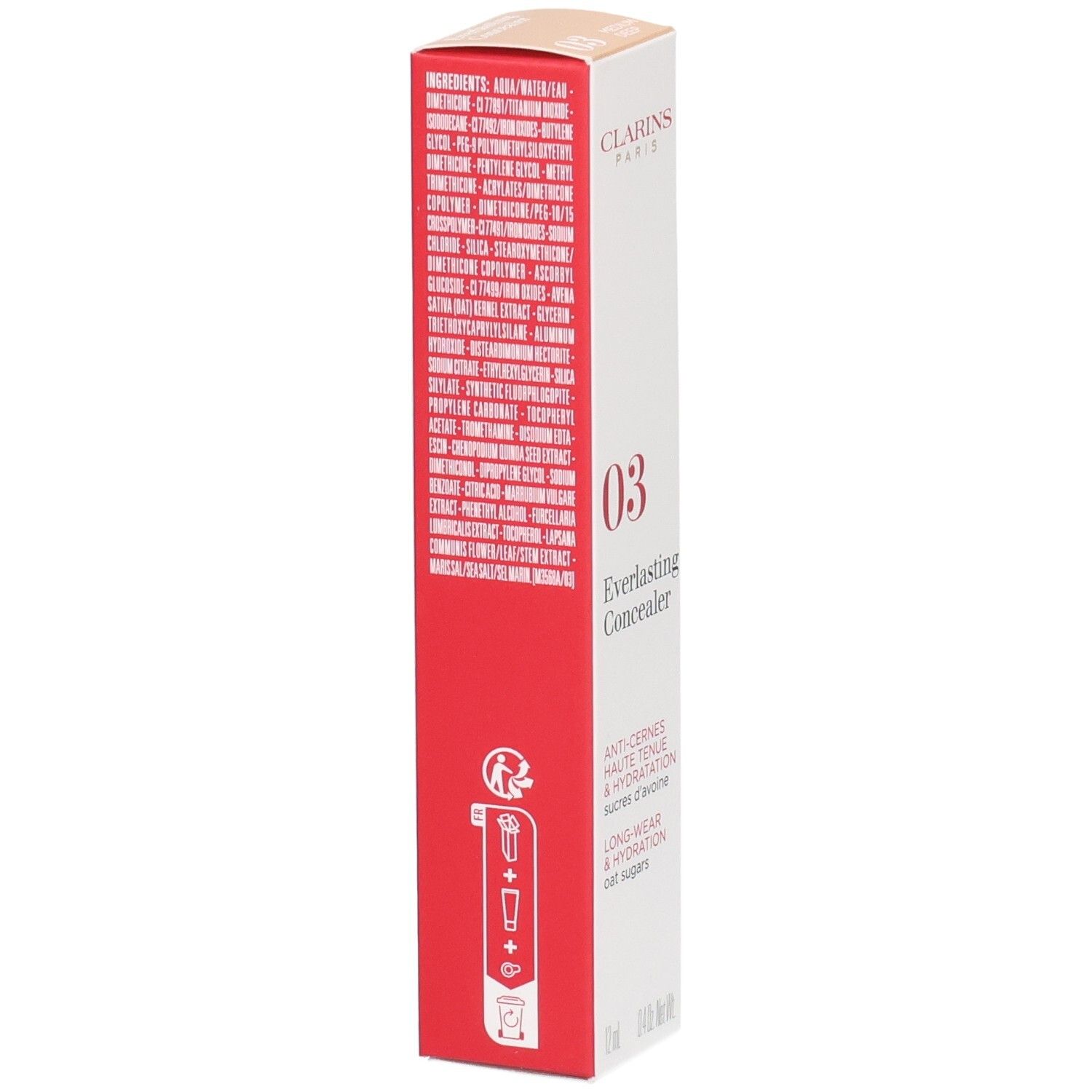Clarins Everlasting Concealer 03 Umverpackung, Seite mit Inhaltsstoffen und Anwendungshinweisen.