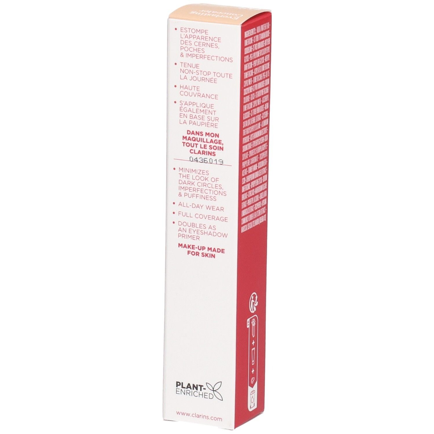 Clarins Everlasting Concealer 03 Umverpackung, Seite mit Produktvorteilen und Anwendungstipps.