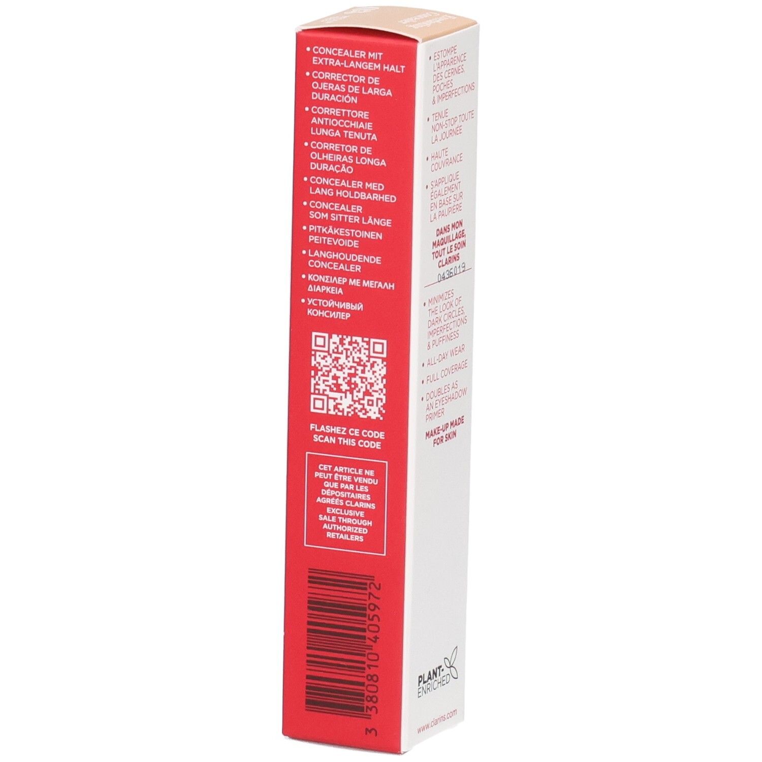 Clarins Everlasting Concealer 03 Umverpackung, Seite mit Produktinformationen in mehreren Sprachen.