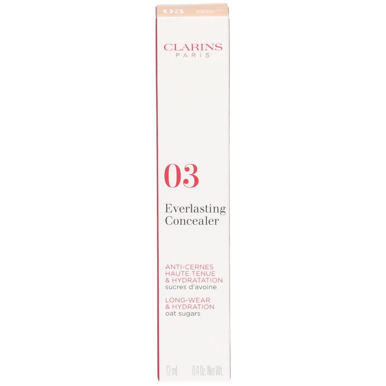 Clarins Everlasting Concealer 03 Umverpackung, Vorderseite mit Produktinformationen und Farbnummer 03.