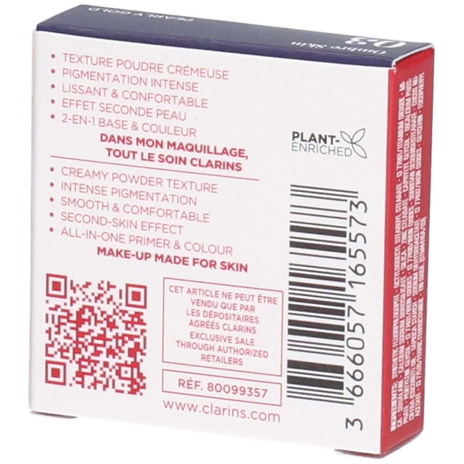 Clarins Ombre Skin Lidschatten 03 Pearly Gold, Rückseite mit Produktmerkmalen und QR-Code.