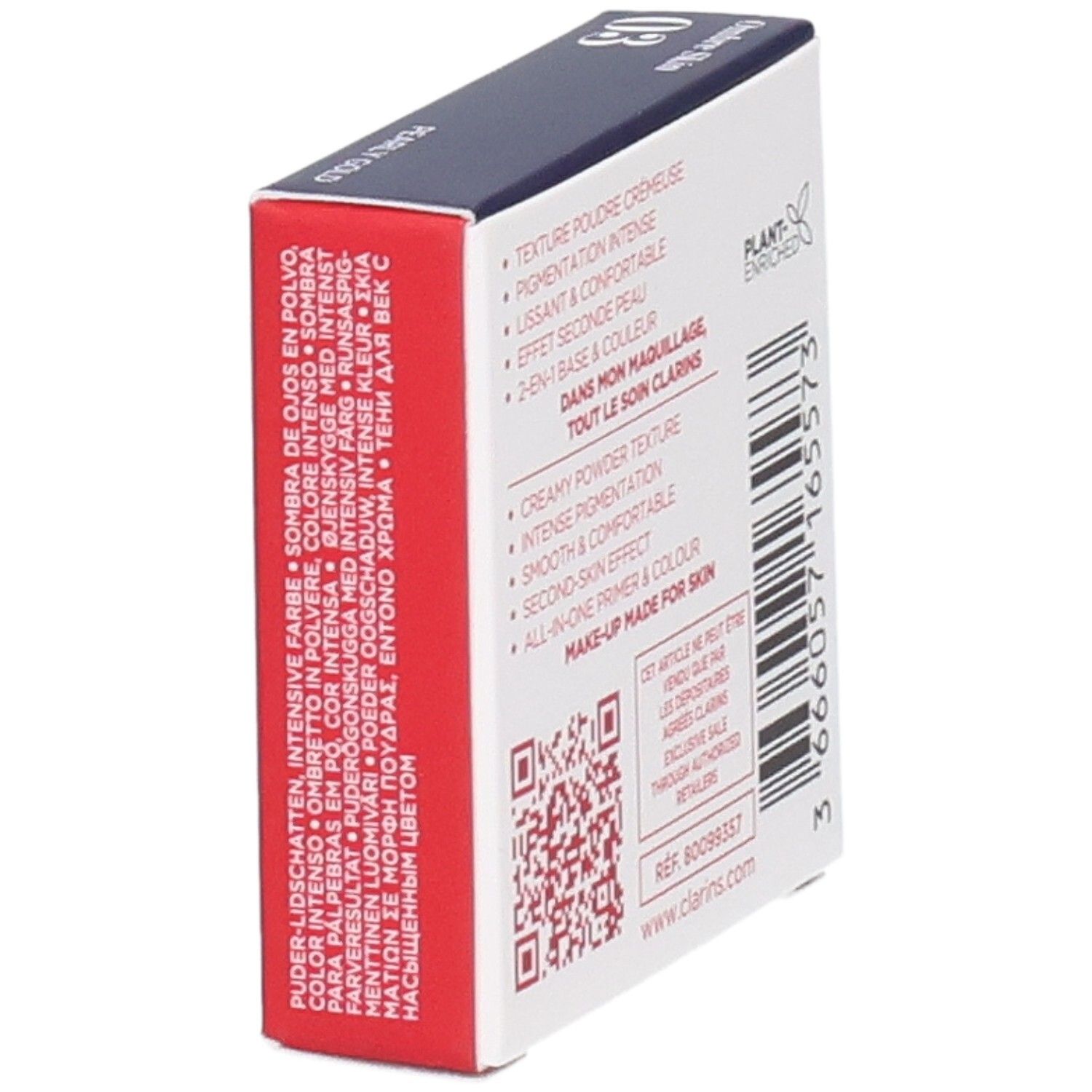 Clarins Ombre Skin Lidschatten 03 Pearly Gold, 1,5g, Seitenansicht mit Produktbeschreibung.