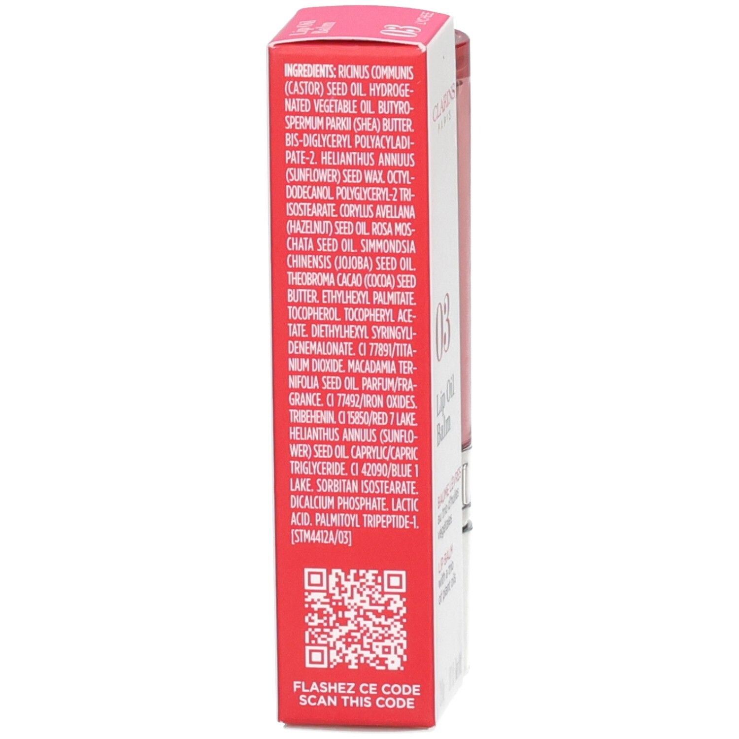 Clarins Lip Oil Balm 03: Rückseite der Verpackung mit Inhaltsstoffen und QR-Code.