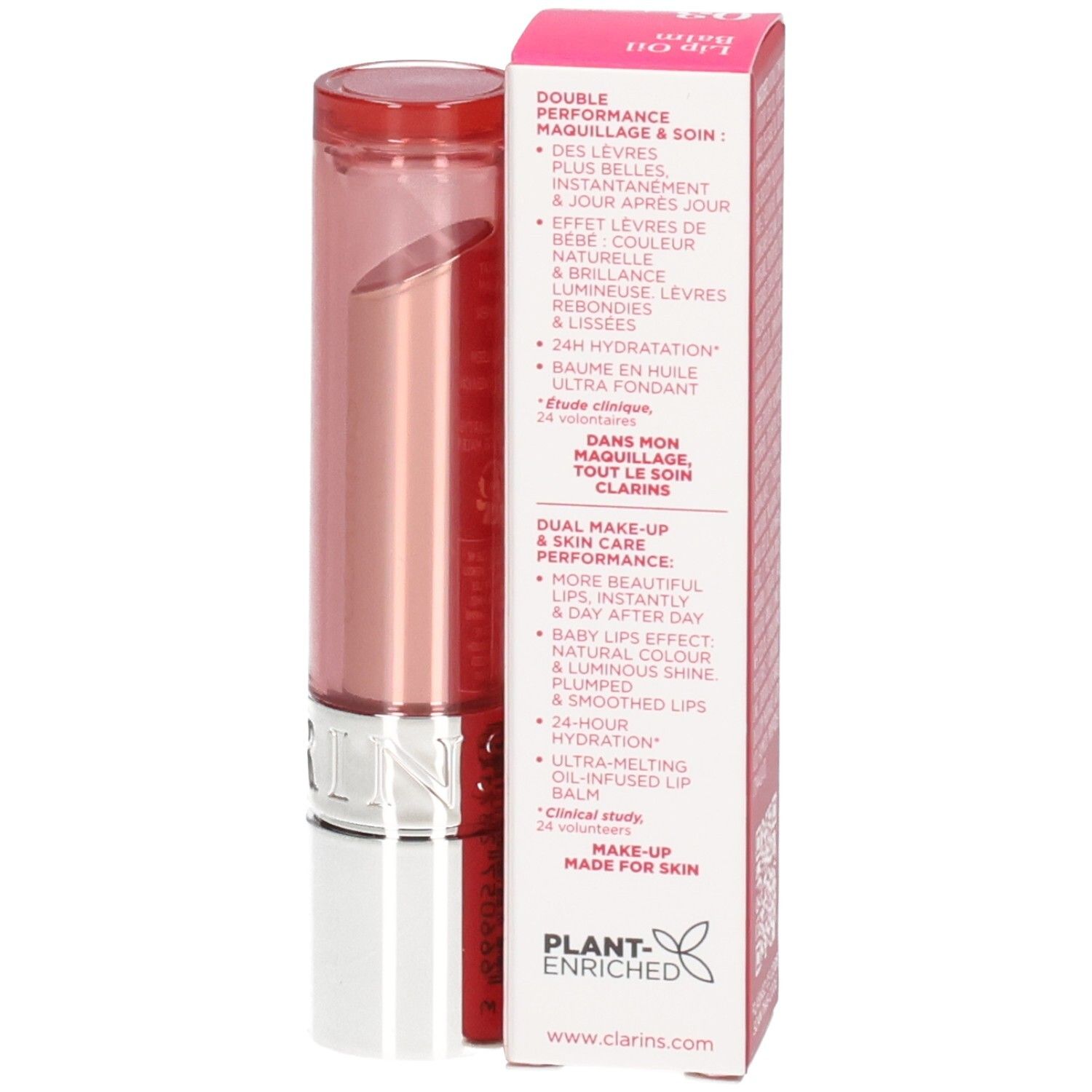 Clarins Lip Oil Balm 03: Stift und Verpackung. Rosa Lippenbalsam mit goldenem und silbernem Gehäuse.