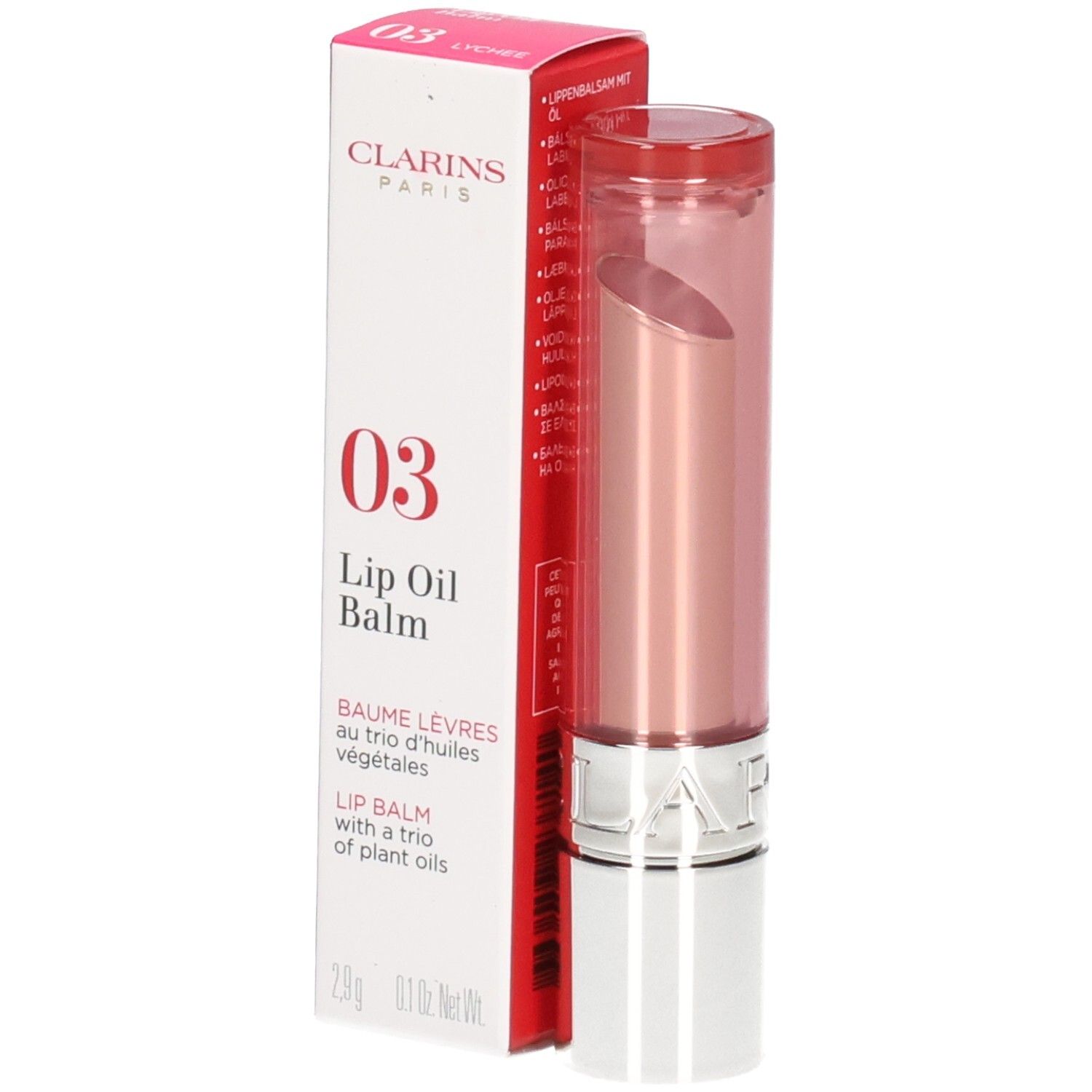 Clarins Lip Oil Balm 03 in Schachtel und Stift. Rosa-farbener Lippenbalsam mit goldenem und silbernem Gehäuse.