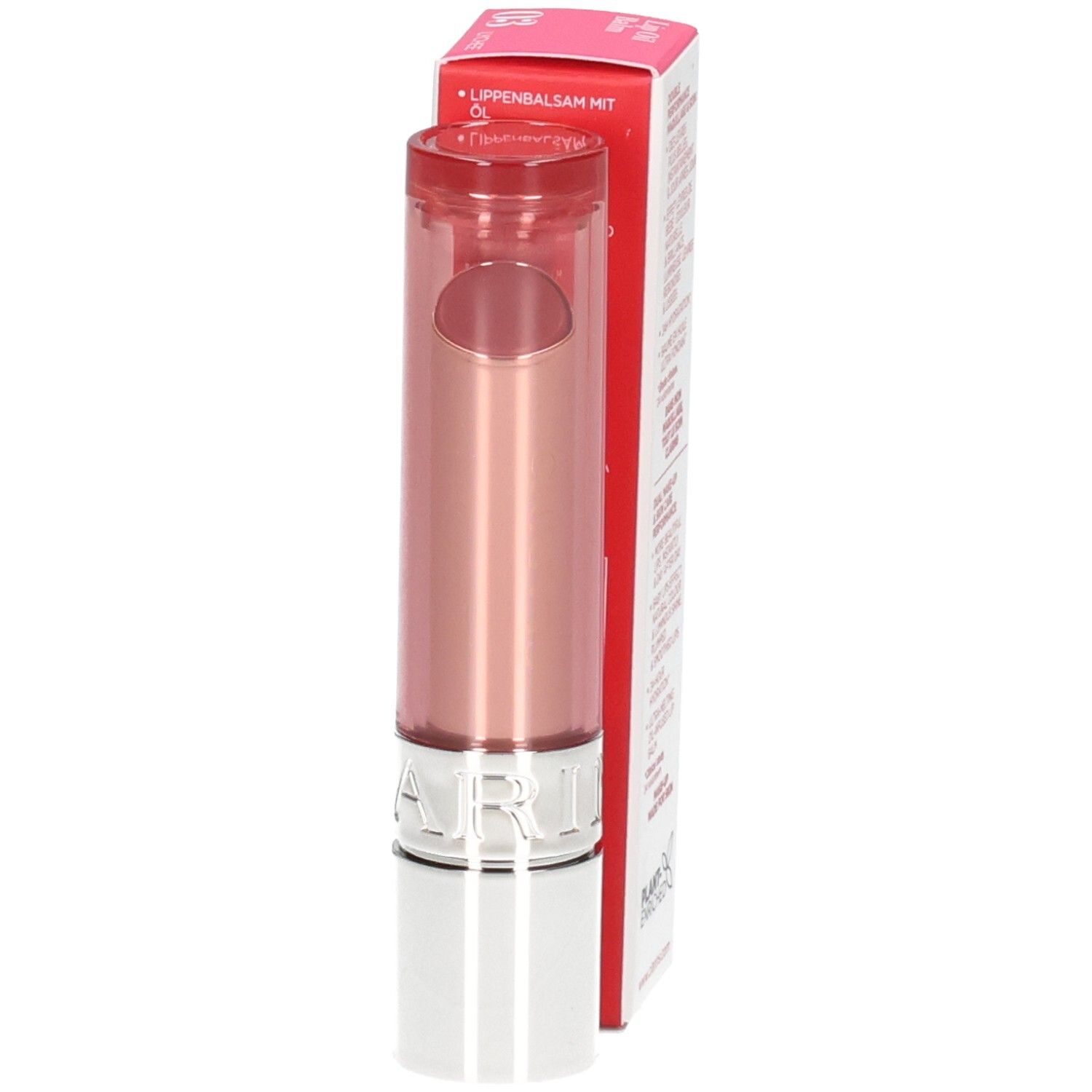 Clarins Lip Oil Balm 03: Lippenbalsam im rosa Stift mit silbernem Gehäuse.