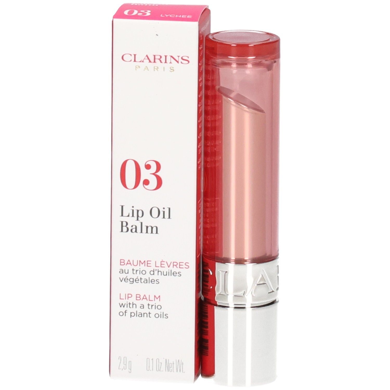 Clarins Lip Oil Balm 03 in Schachtel und Stift. Rosa-farbener Lippenbalsam mit goldenem und silbernem Gehäuse.