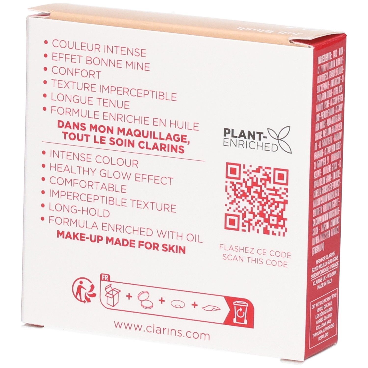 Clarins Joli Blush 04 Cheeky Purple Verpackung, Seite mit Produktmerkmalen.