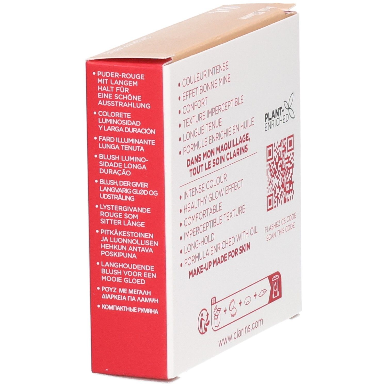 Clarins Joli Blush 04 Cheeky Purple Verpackung, Seite mit Produktmerkmalen und QR-Code.