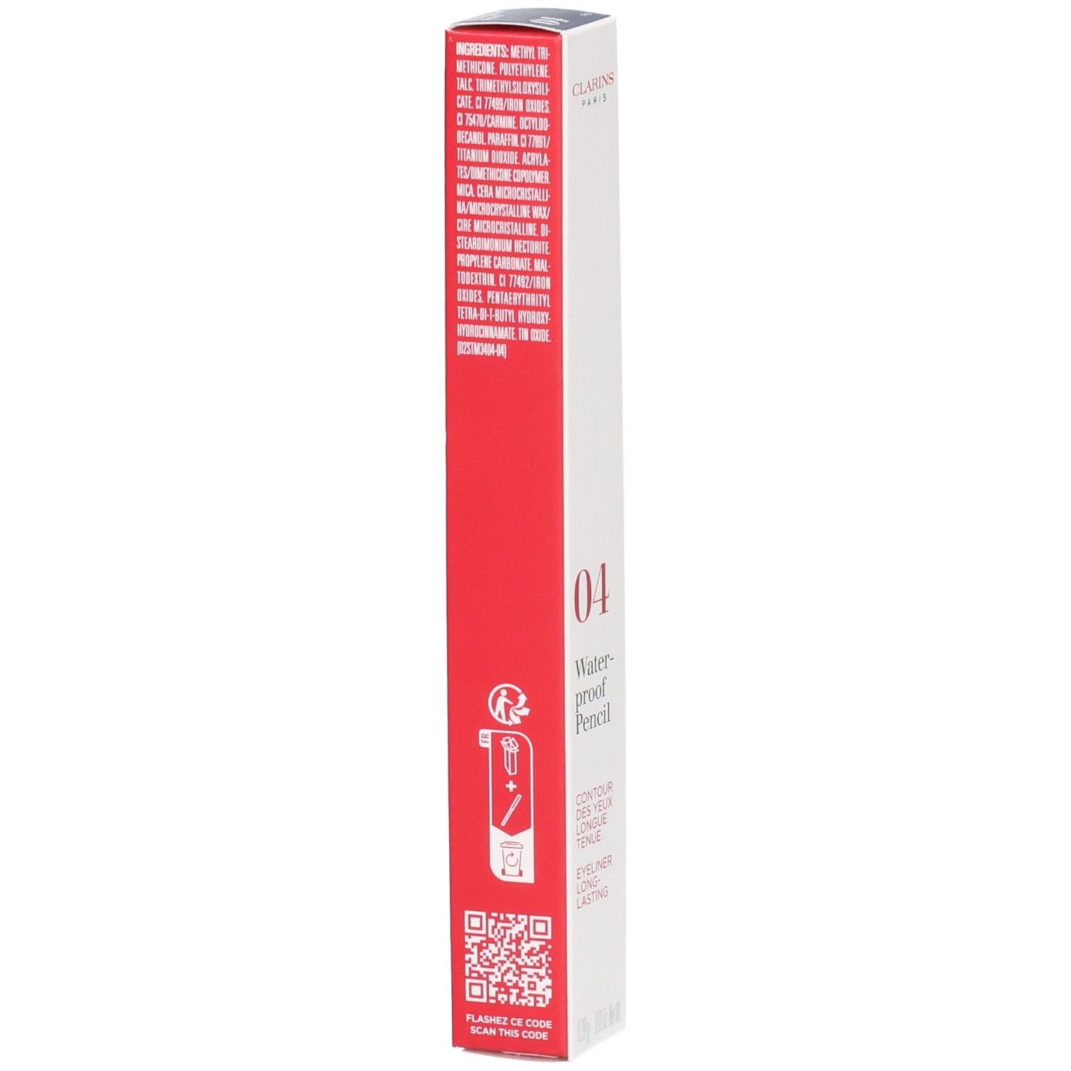 Clarins Waterproof Eye Pencil 04 Fig Verpackung mit Inhaltsstoffen und QR-Code.