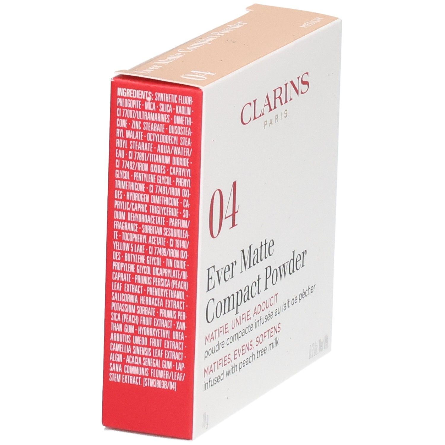 Clarins Ever Matte Compact Powder 04 Medium Umverpackung mit Inhaltsstoffen.