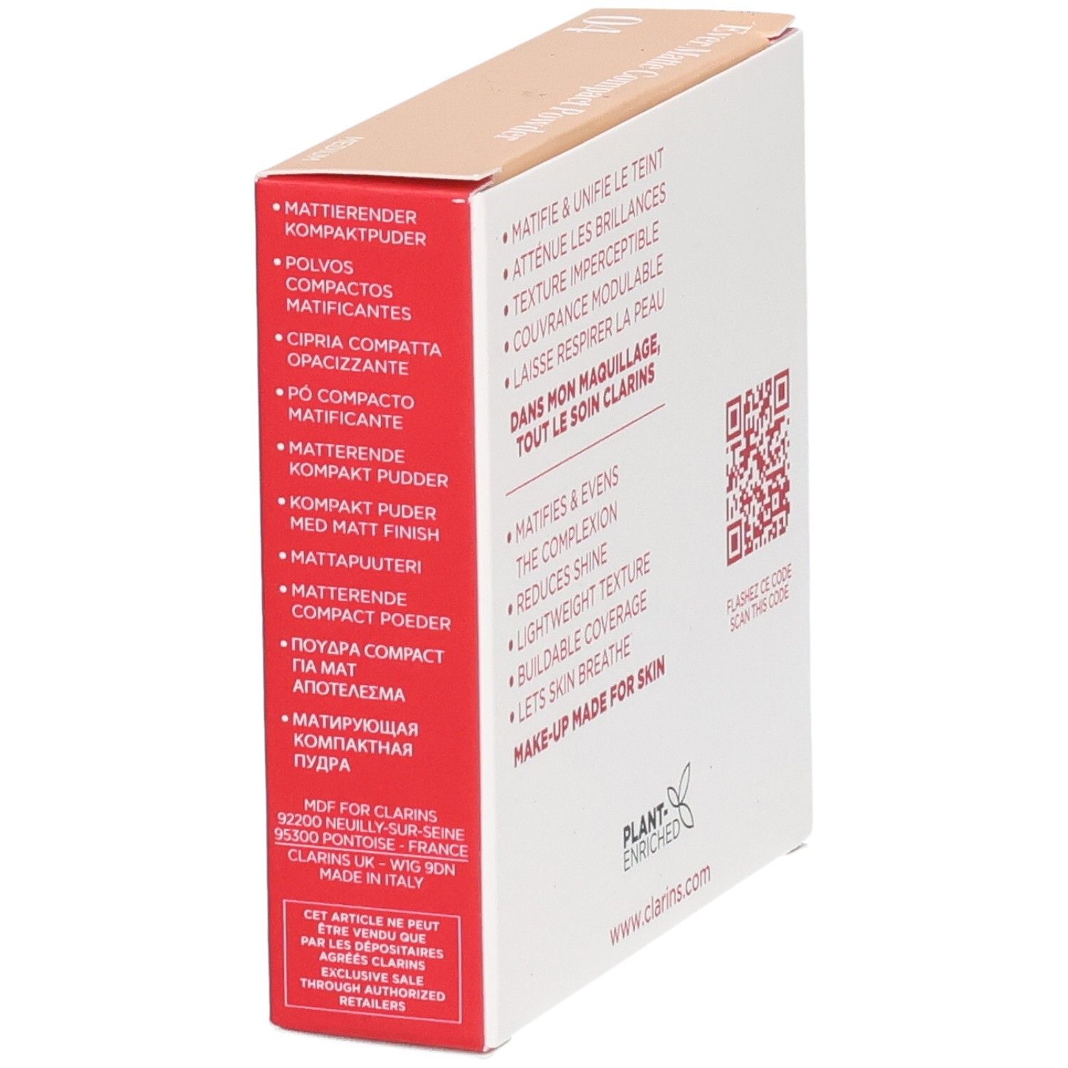 Clarins Ever Matte Compact Powder 04 Medium Seitenansicht der Umverpackung mit Produktnamen in mehreren Sprachen.