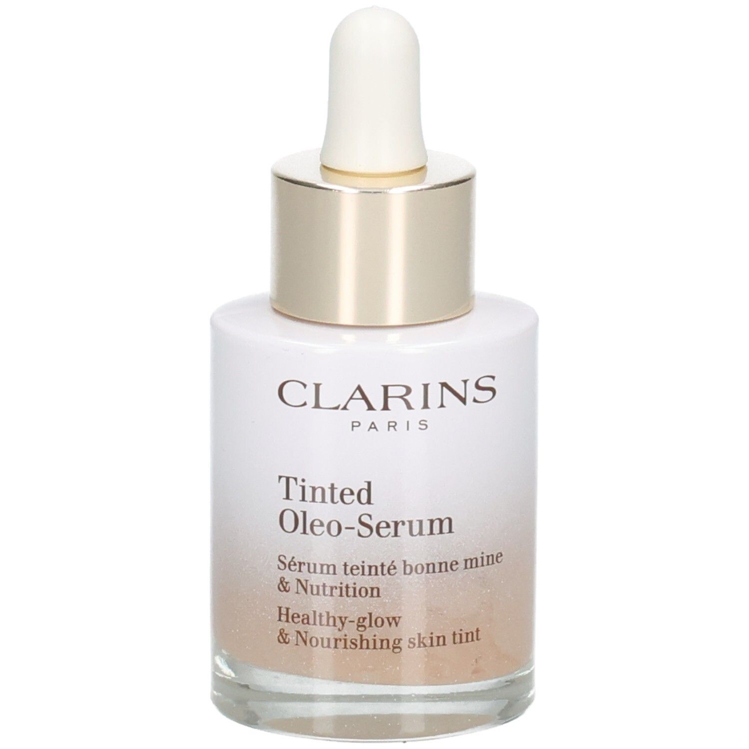 Flacon Clarins Tinted Oleo-Serum avec pipette. Anneau doré et bouchon blanc.