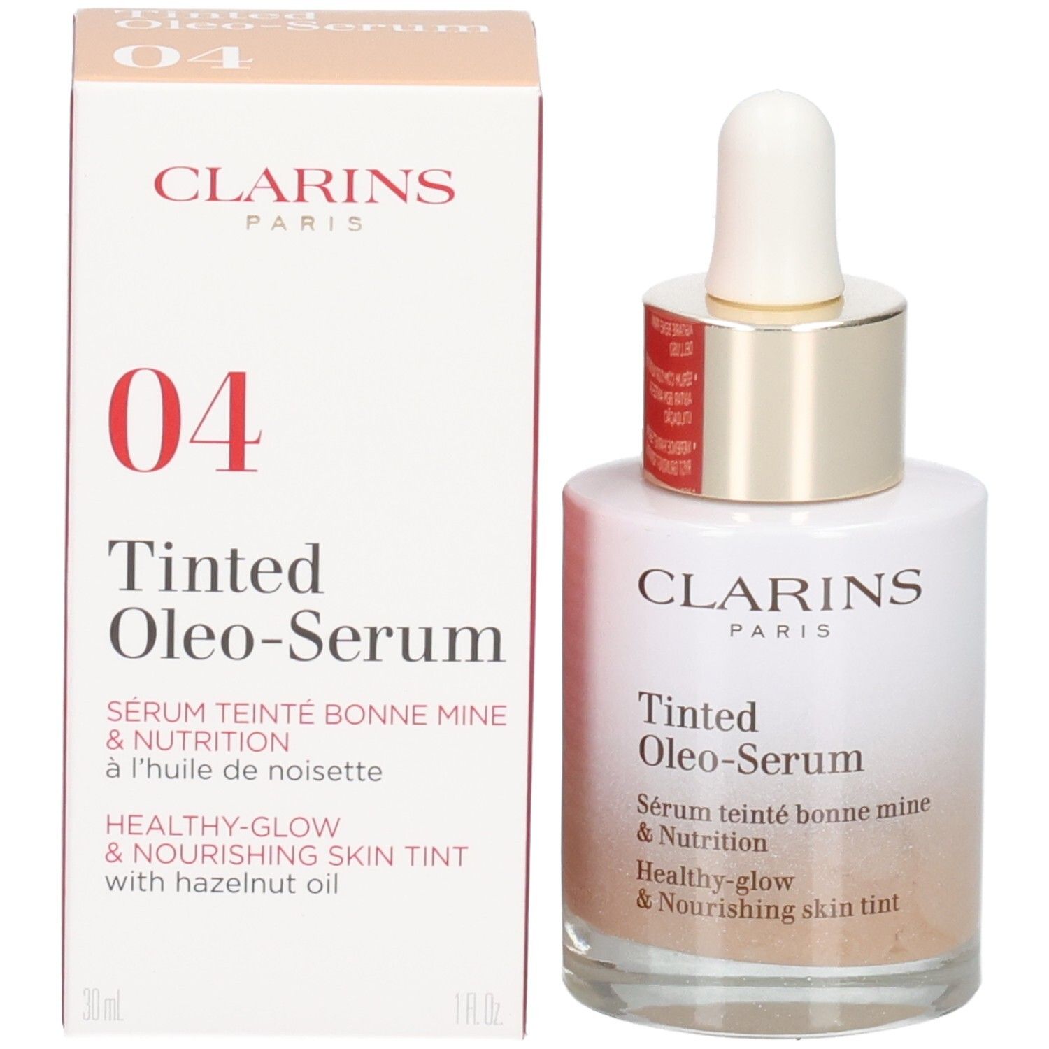 Flacon Clarins Tinted Oleo-Serum et boîte. Numéro 04, anneau doré.
