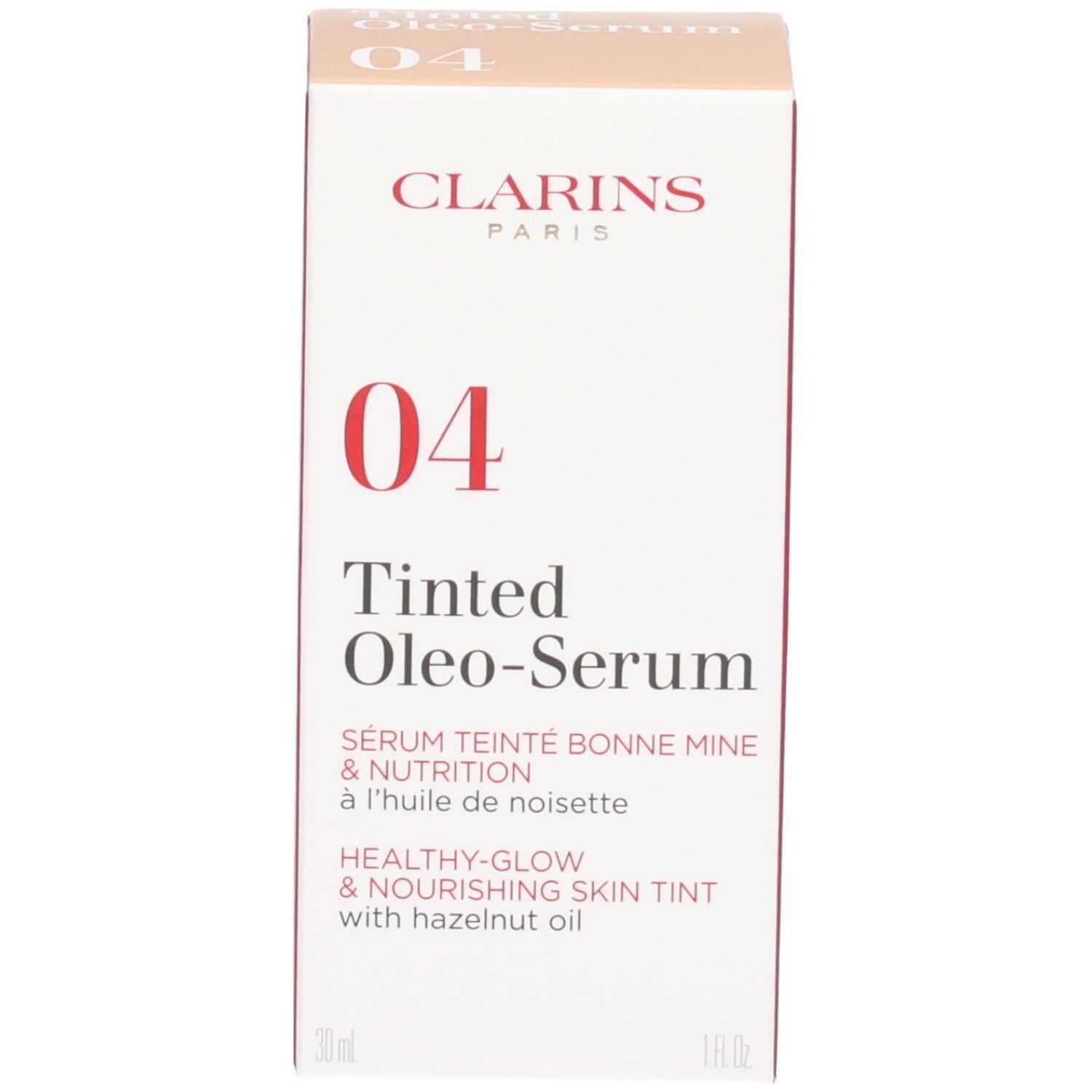 Boîte Clarins Tinted Oleo-Serum. Numéro 04, anneau doré, 30 ml.