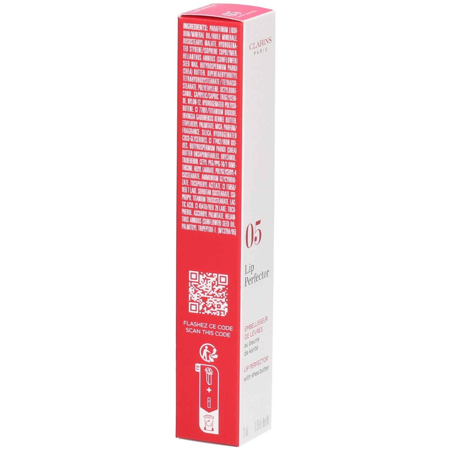 Clarins Lip Perfector 05 Faltschachtel, Rückseite mit Inhaltsstoffen und QR-Code.