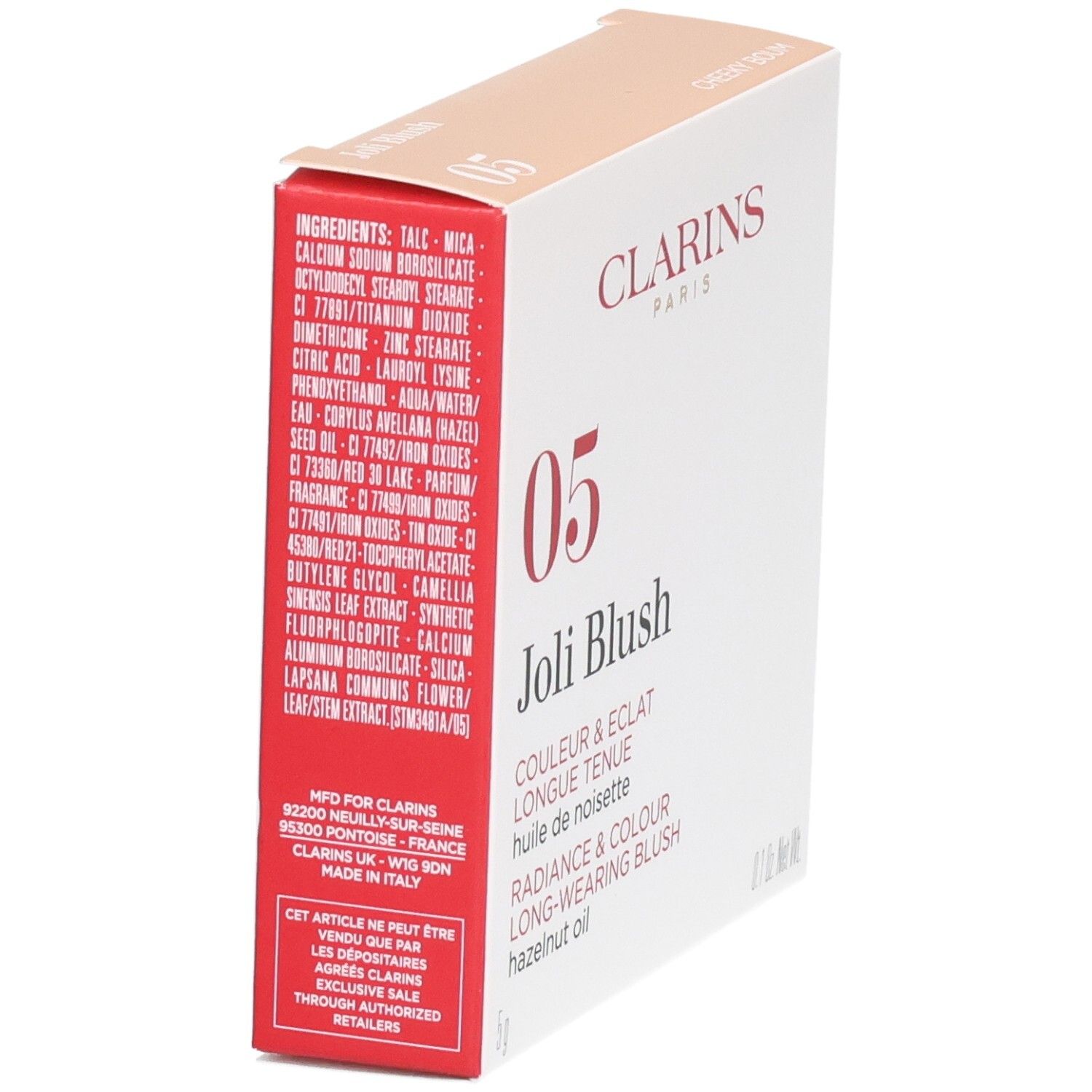 Clarins Joli Blush 05 Cheeky Boum Verpackung, Seite mit Inhaltsstoffen und Herstellungsort.