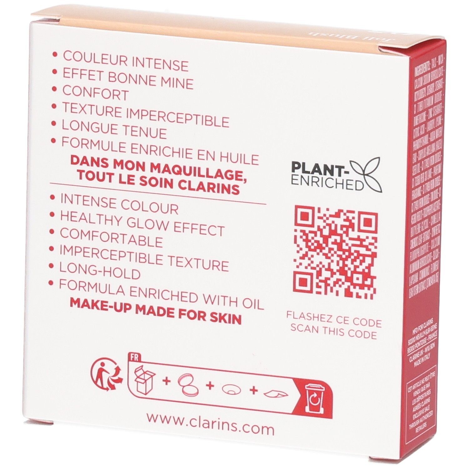 Clarins Joli Blush 05 Cheeky Boum Verpackung, Rückseite mit Produktmerkmalen und QR-Code.