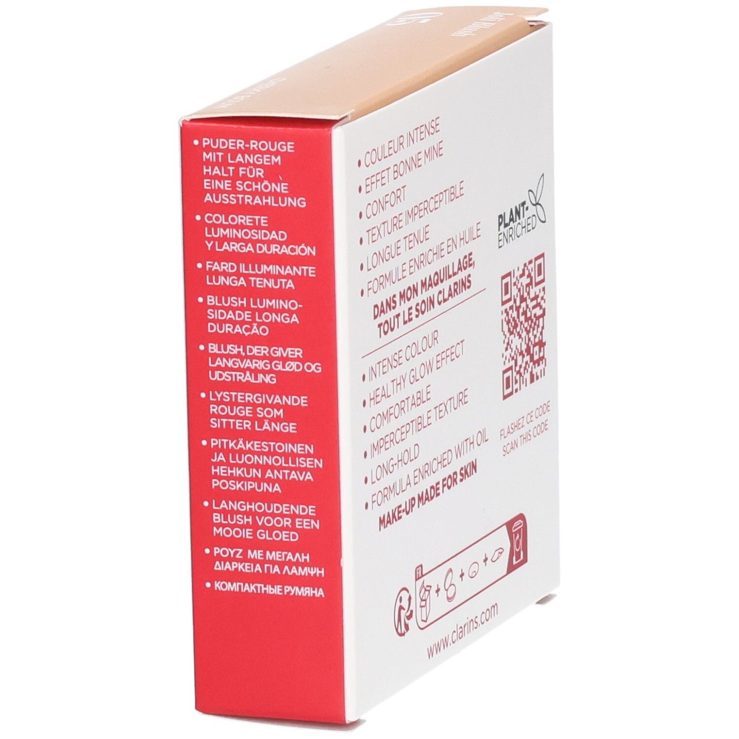 Clarins Joli Blush 05 Cheeky Boum Verpackung, Seite mit Produktmerkmalen in mehreren Sprachen.