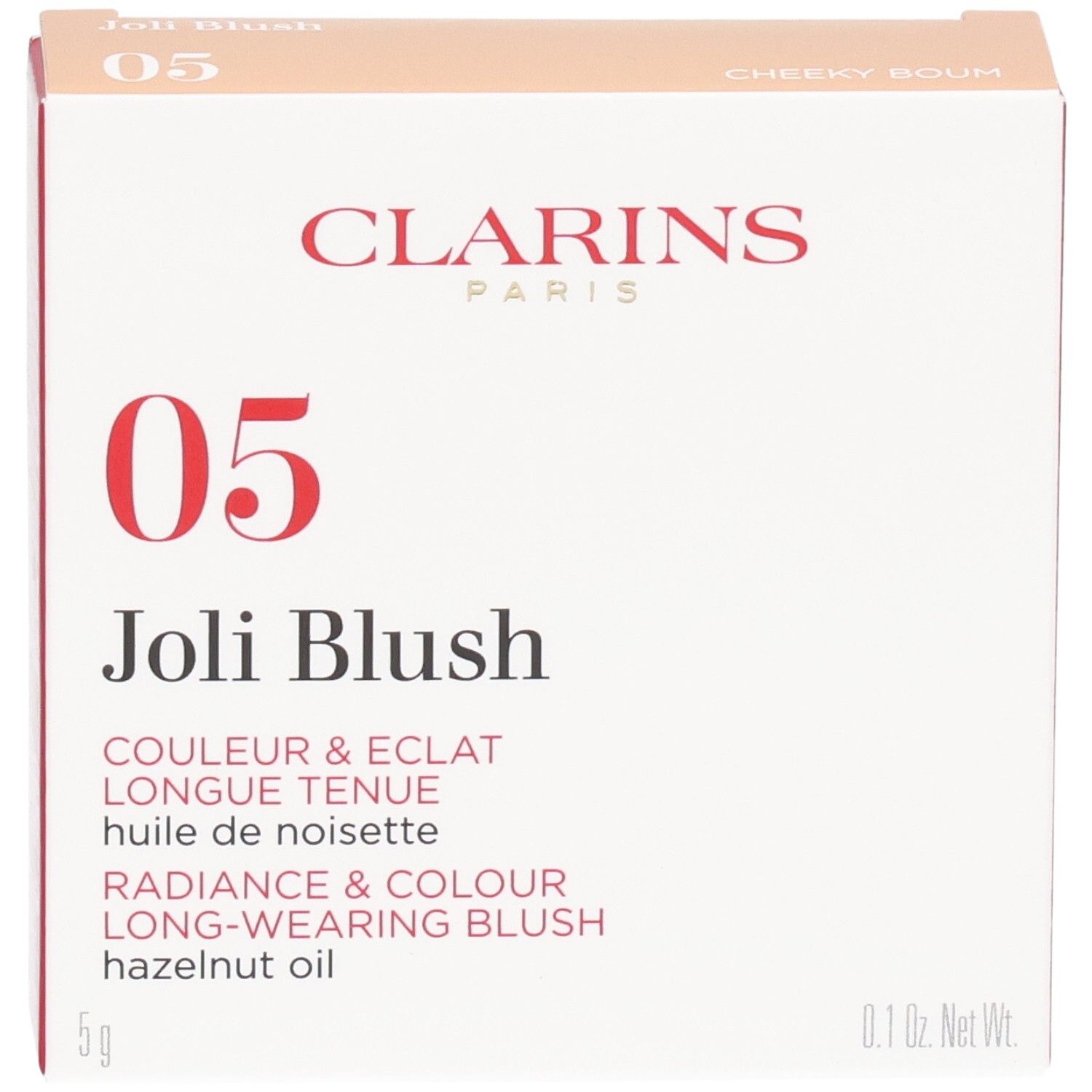 Clarins Joli Blush 05 Cheeky Boum Verpackung, Vorderseite mit Produktname und Farbnummer 05.