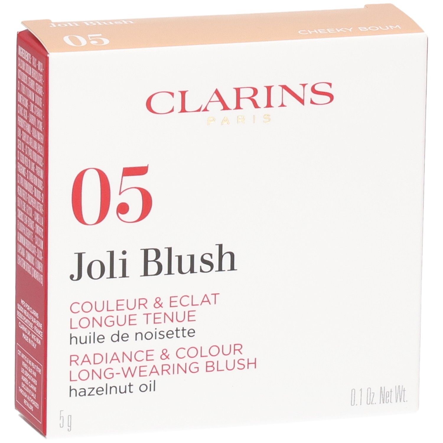 Clarins Joli Blush 05 Cheeky Boum Verpackung, Vorderseite mit Produktname und Farbnummer 05.