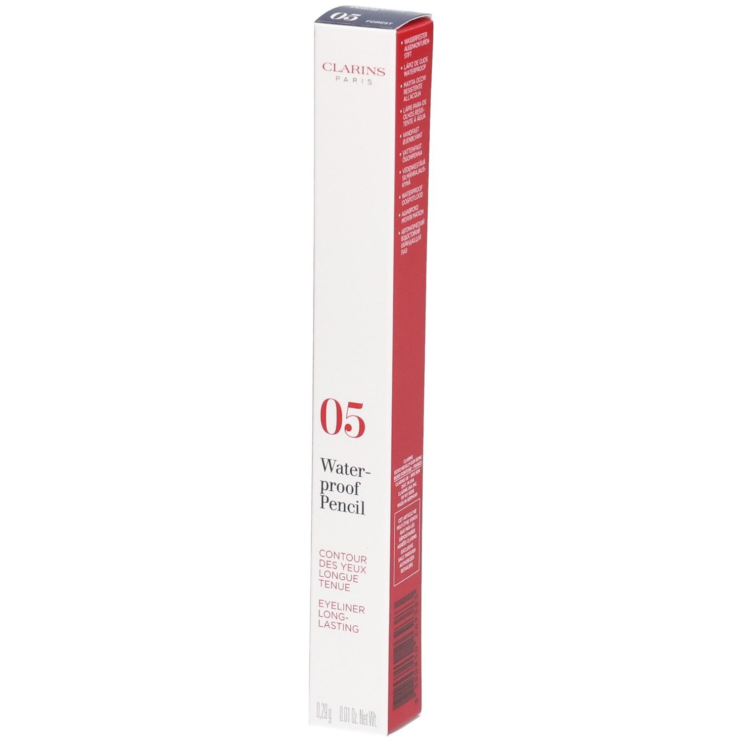 Clarins Waterproof Eyeliner Pencil 05 Forest, verpackt in weißer und roter Schachtel.