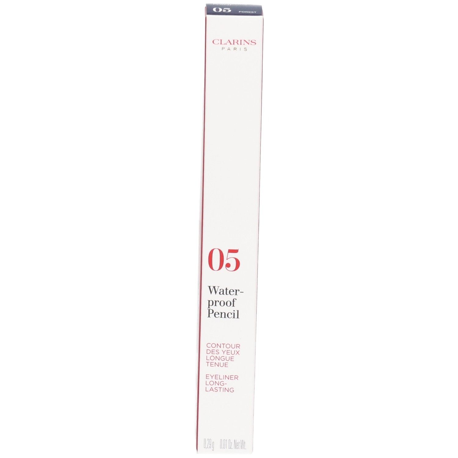 Clarins Waterproof Eyeliner Pencil 05 Forest, verpackt in weißer und roter Schachtel.