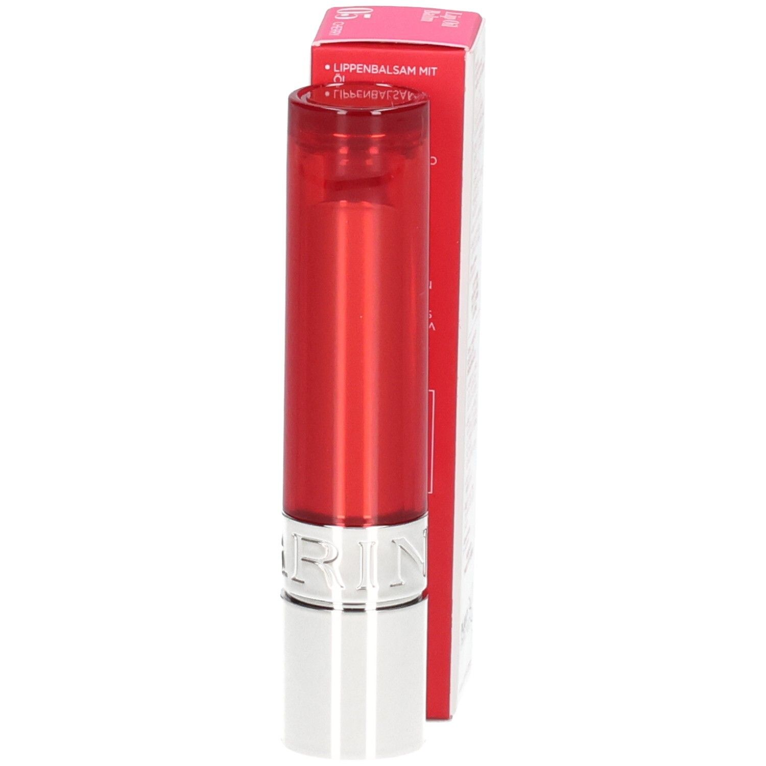Clarins Lip Balm Oil 05 in roter Hülse, Schachtel.
