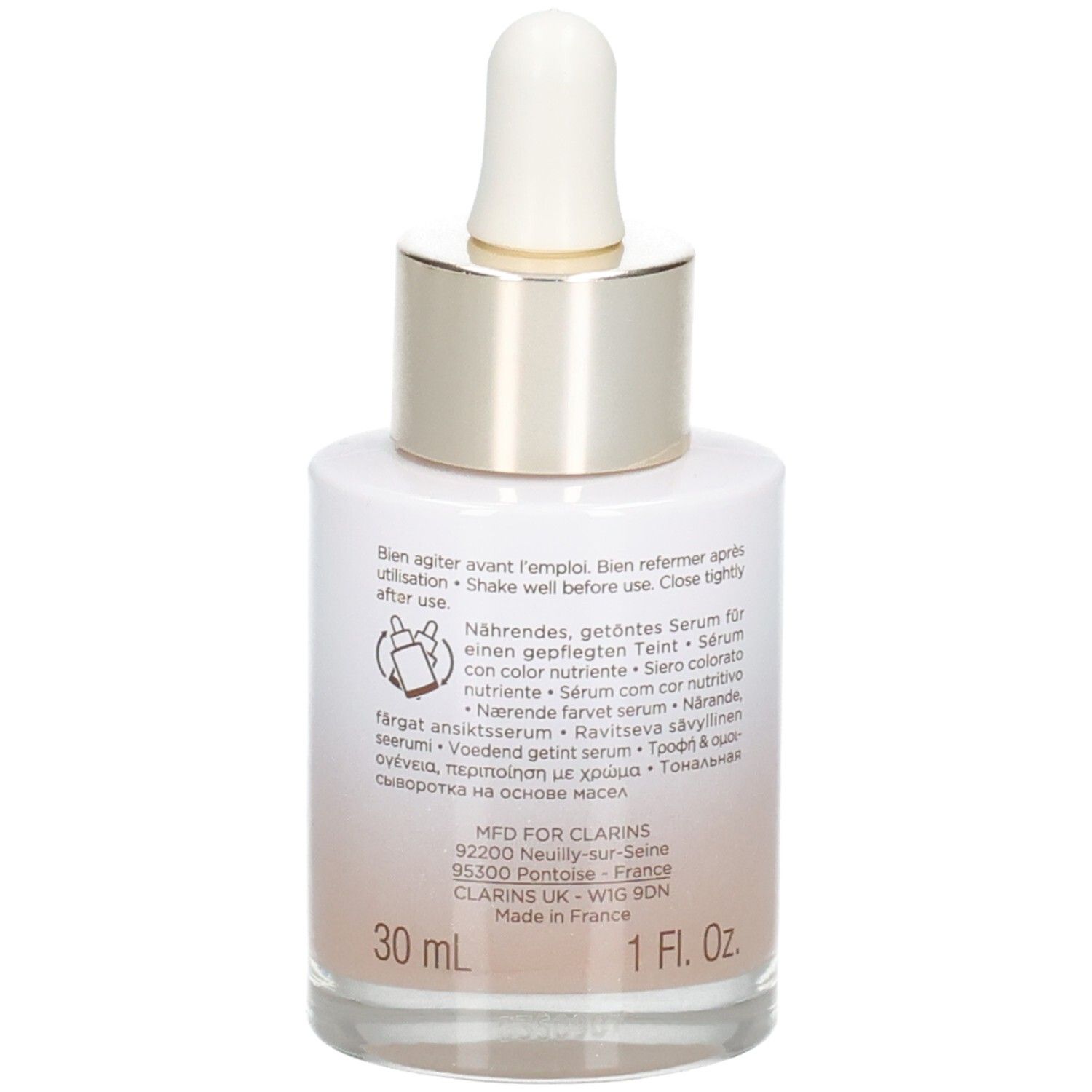 Clarins Tinted Oleo-Serum Flasche mit Pipette, Rückseite mit Anwendungshinweisen und Produktinformationen, 30ml, Farbton 05.