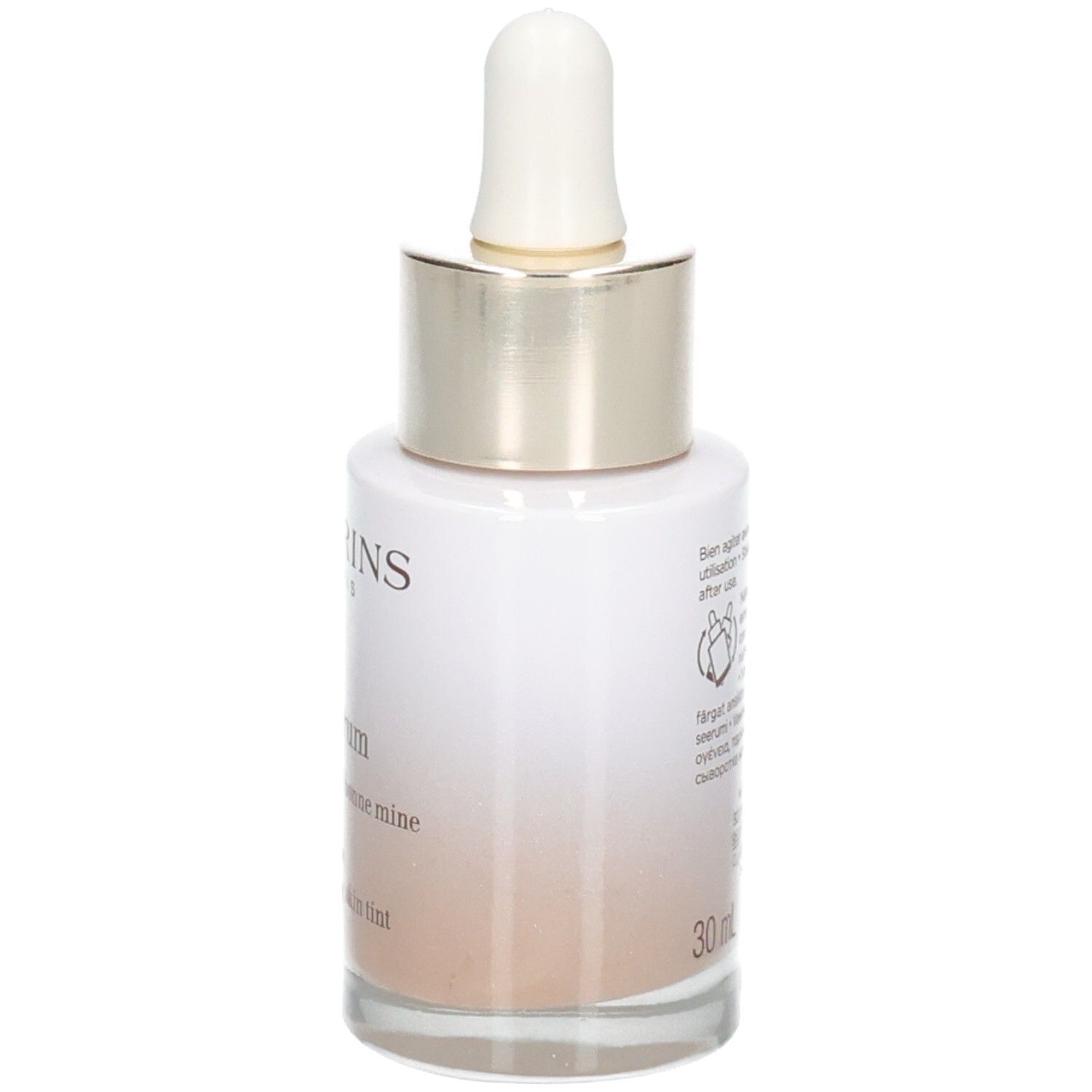 Clarins Tinted Oleo-Serum Flasche mit Pipette, Rückseite mit Produktinformationen, 30ml, Farbton 05.
