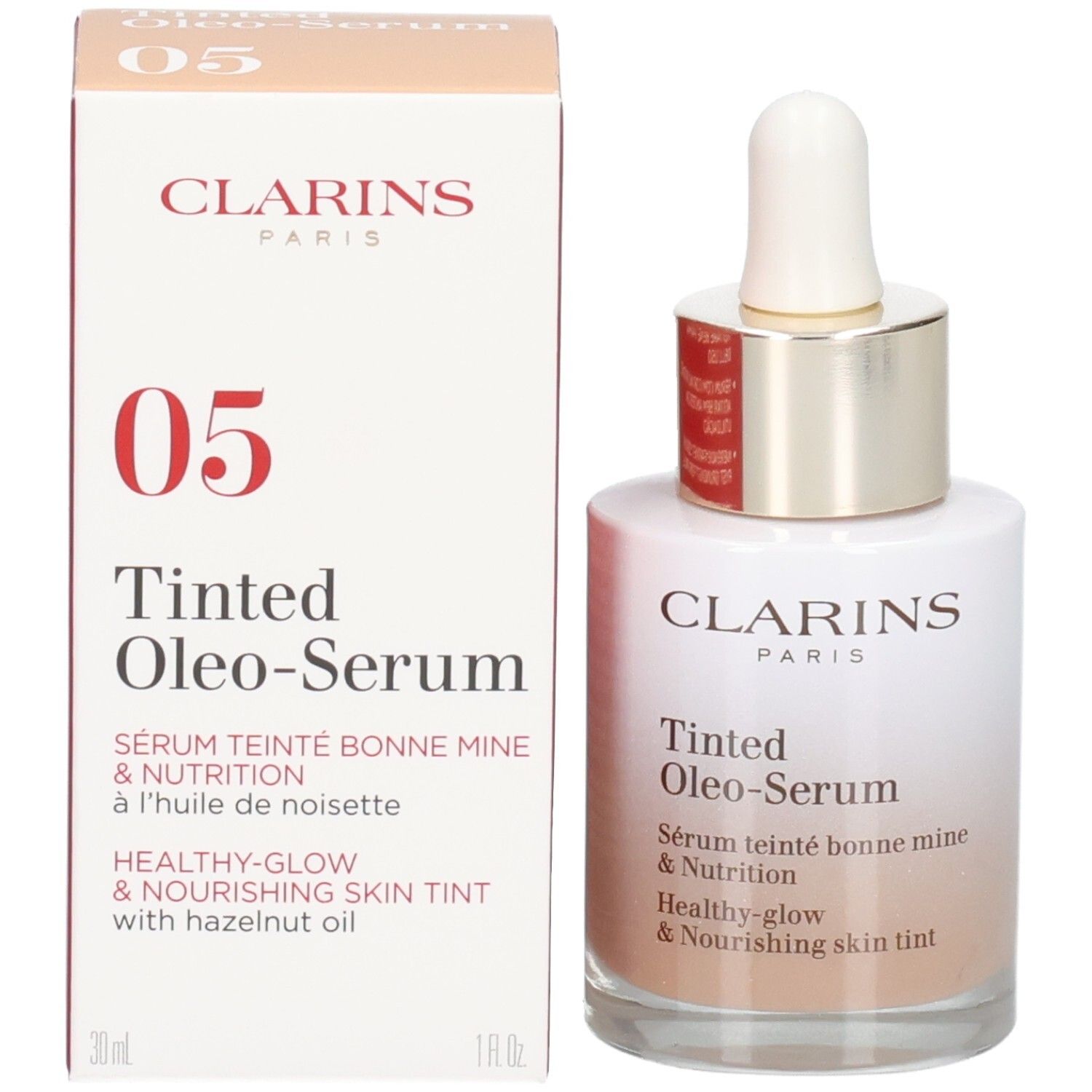 Clarins Tinted Oleo-Serum Flasche und Kartonverpackung, Farbton 05.