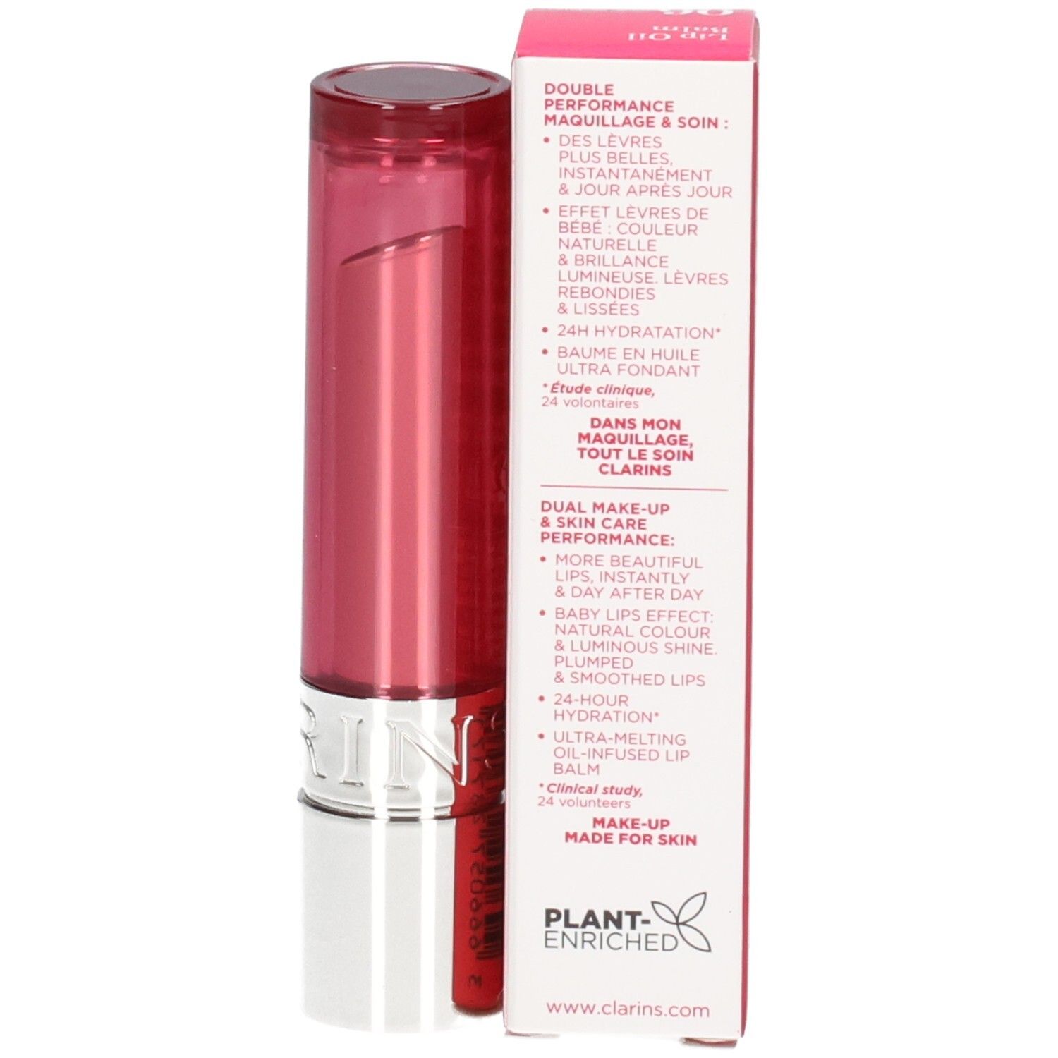 Clarins Lip Oil Balm, Farbe 06 Fig, mit Verpackung und geöffnetem Applikator.